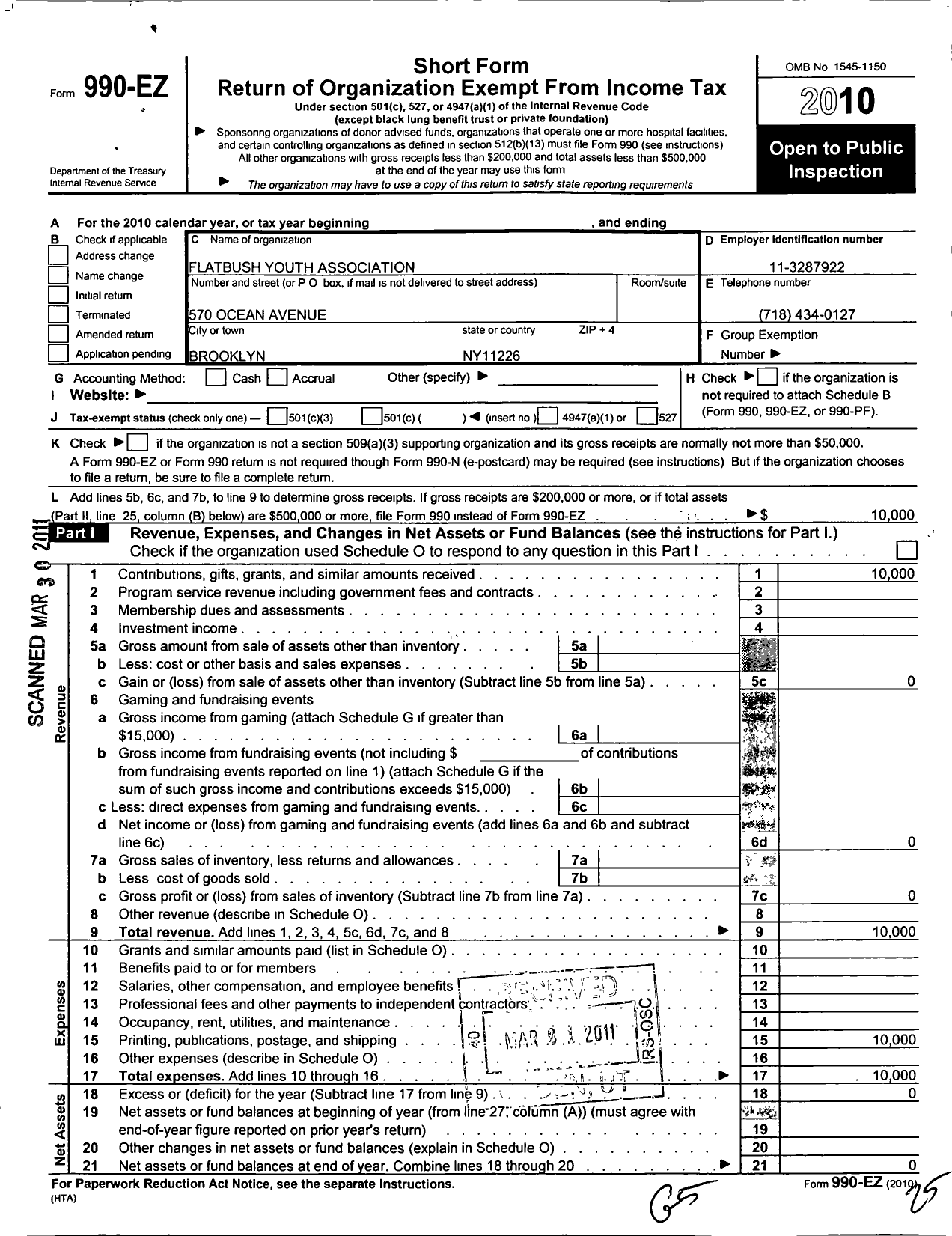 Image of first page of 2010 Form 990EO for Flatbush Youth Association