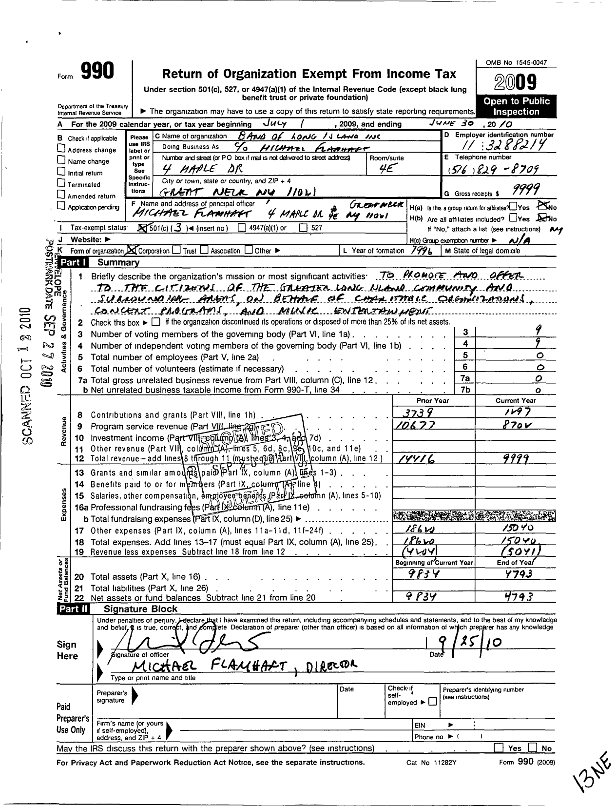 Image of first page of 2009 Form 990 for Band of Long Island