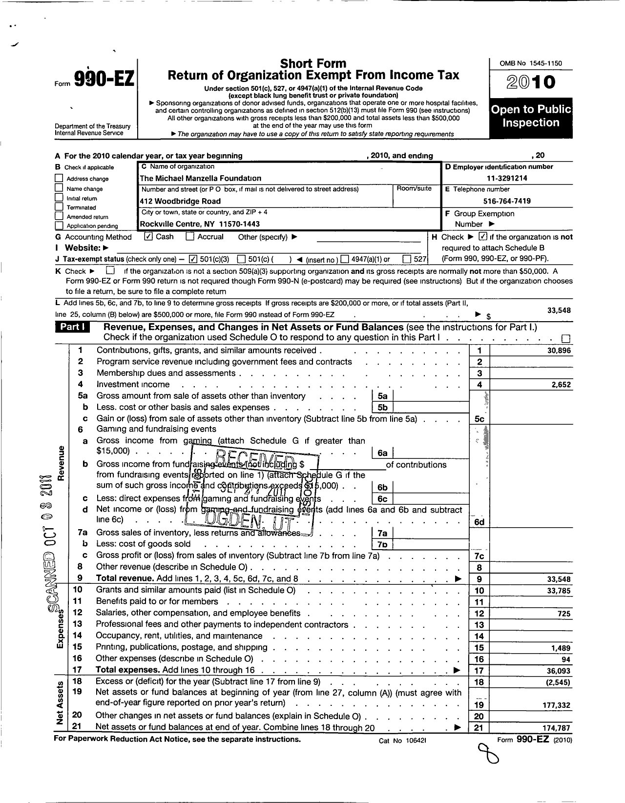 Image of first page of 2010 Form 990EZ for Michael Manzella Foundation