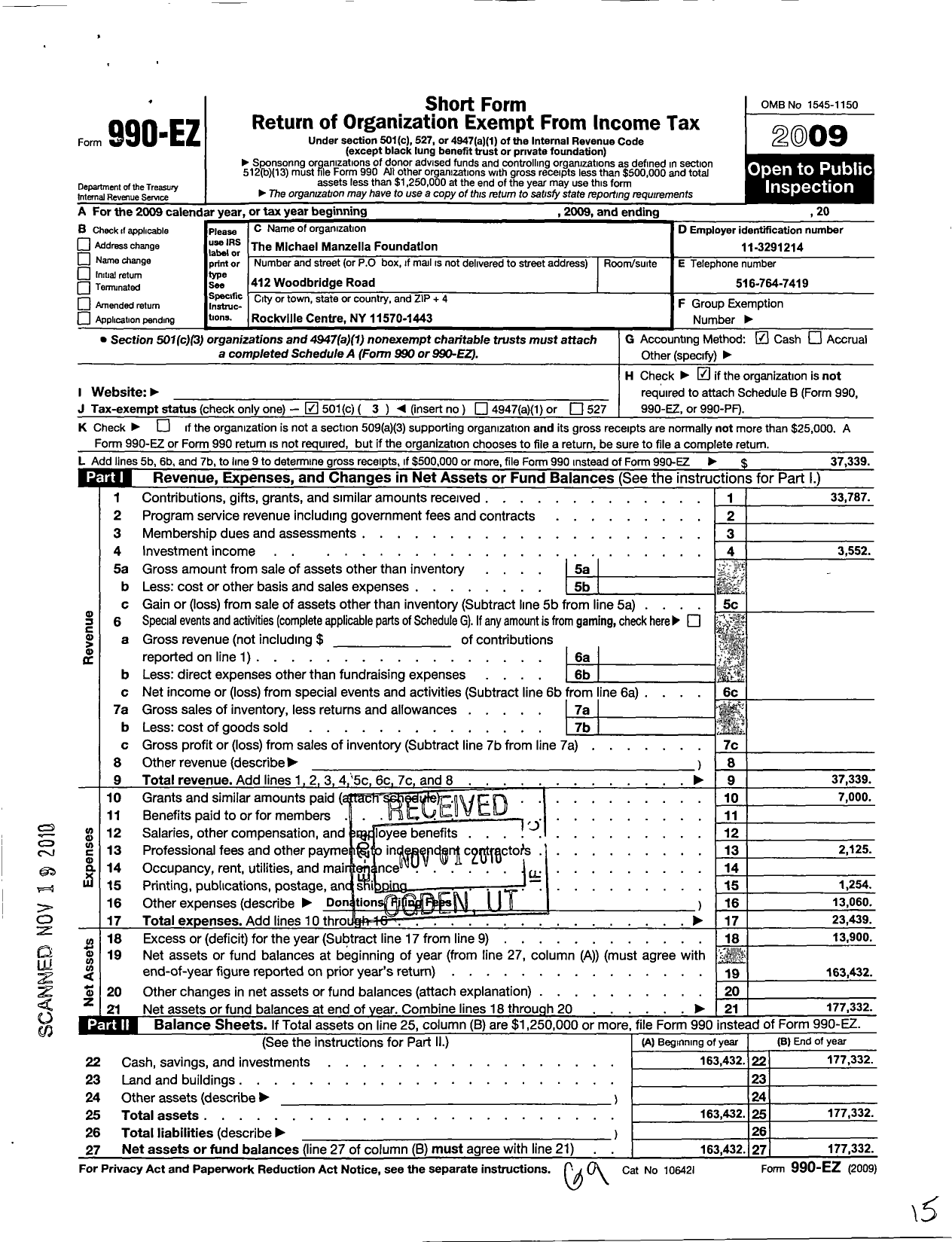 Image of first page of 2009 Form 990EZ for Michael Manzella Foundation