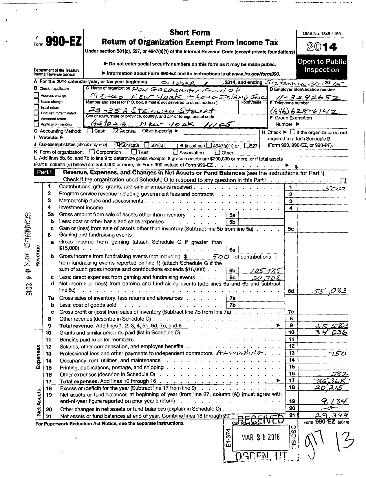 Image of first page of 2014 Form 990EZ for Pan Gregorian Fund of Metro New York and Long Island