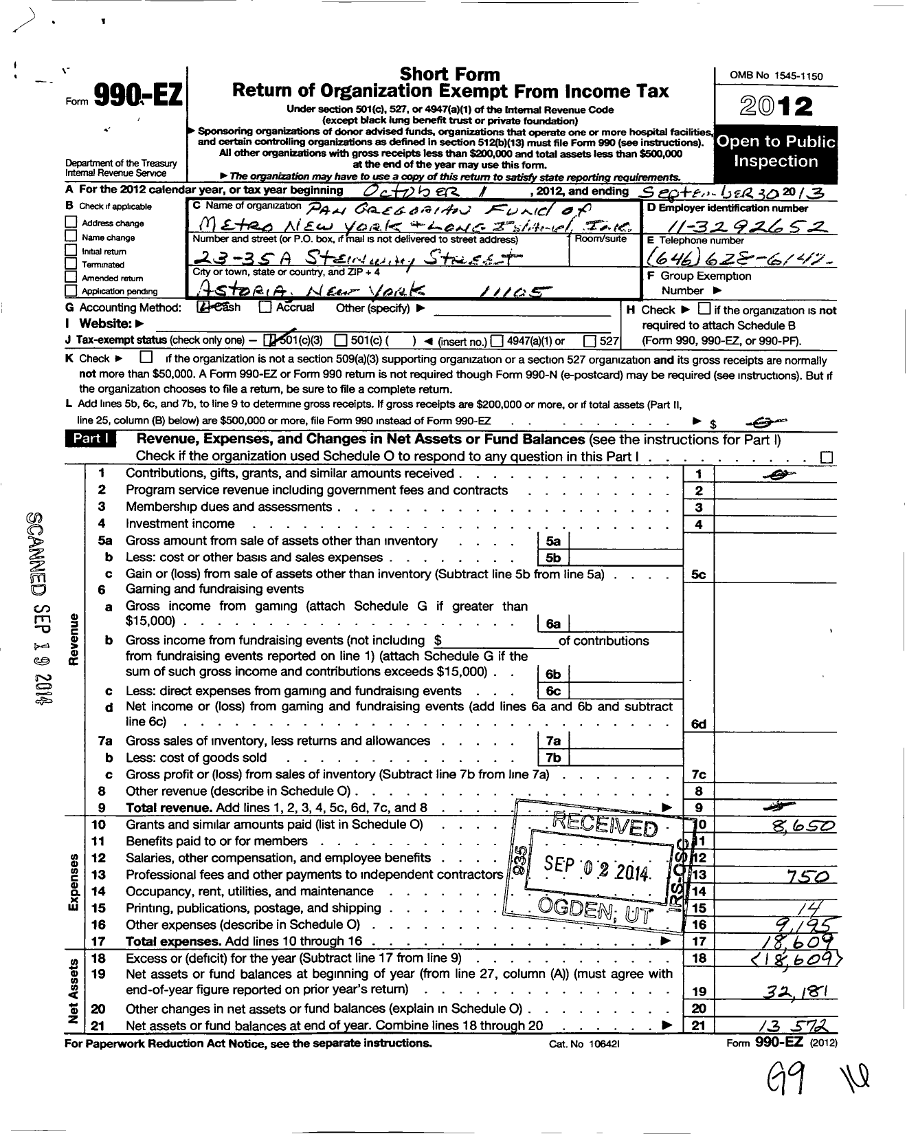 Image of first page of 2012 Form 990EZ for Pan Gregorian Fund of Metro New York and Long Island