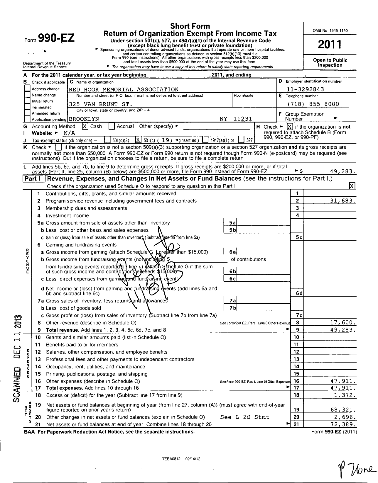 Image of first page of 2011 Form 990EO for Red Hook Memorial Association V F W of the United States