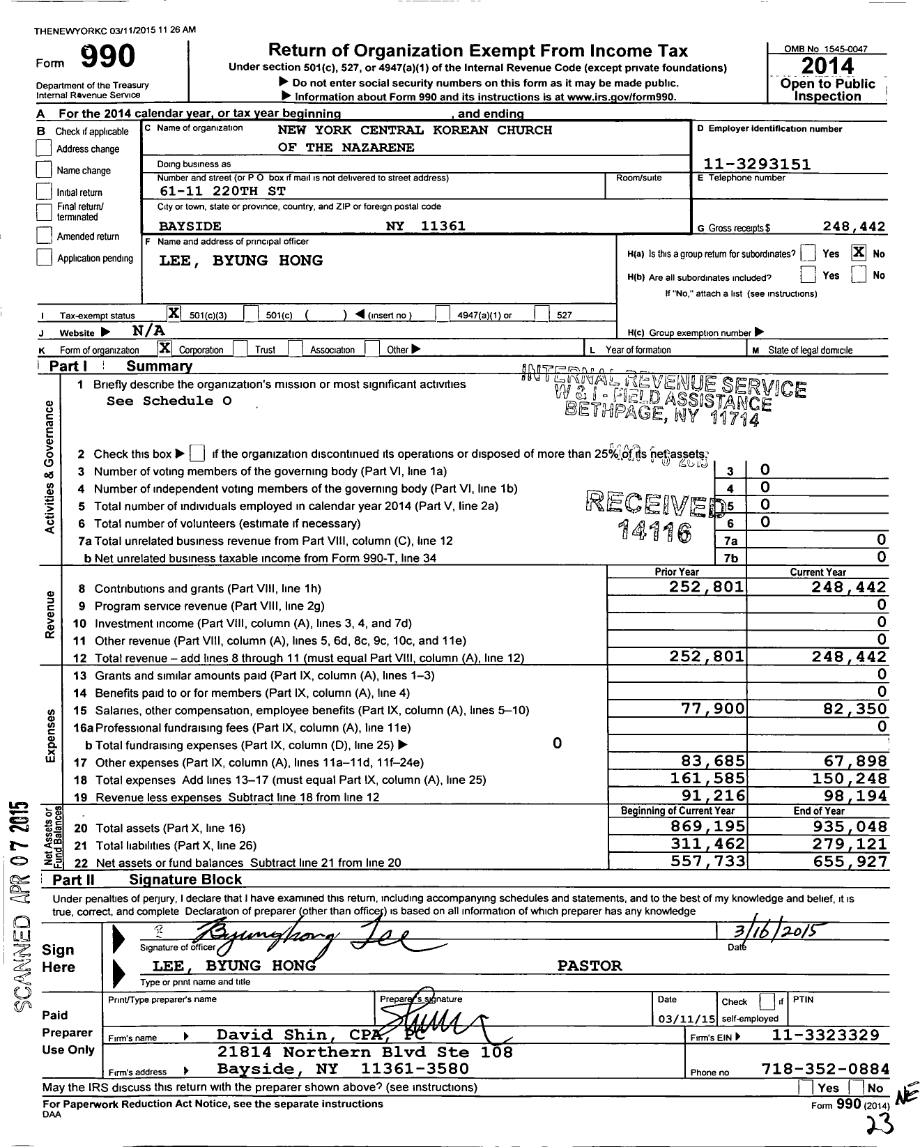 Image of first page of 2014 Form 990 for New York Central Korean Church of the Nazarene