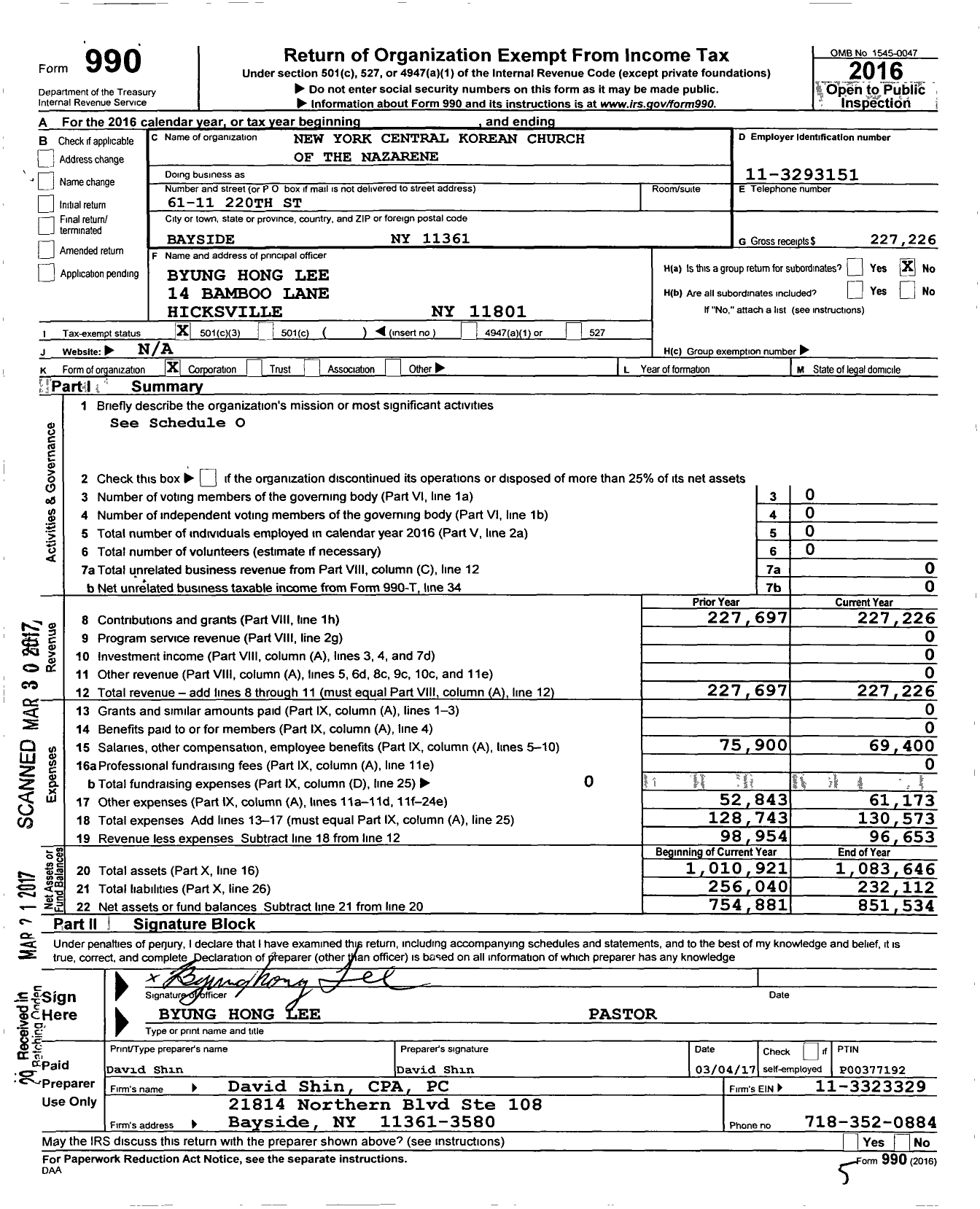 Image of first page of 2016 Form 990 for New York Central Korean Church of the Nazarene