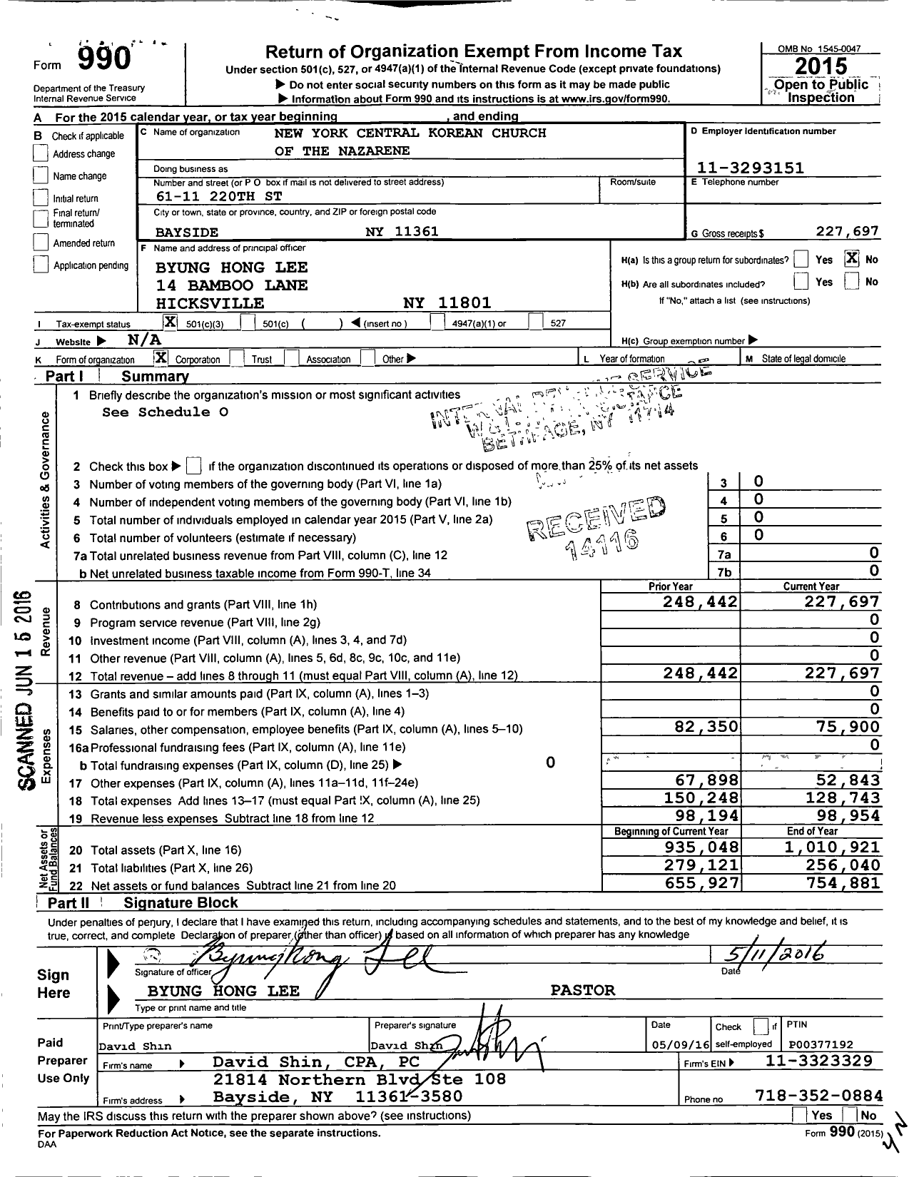 Image of first page of 2015 Form 990 for New York Central Korean Church of the Nazarene