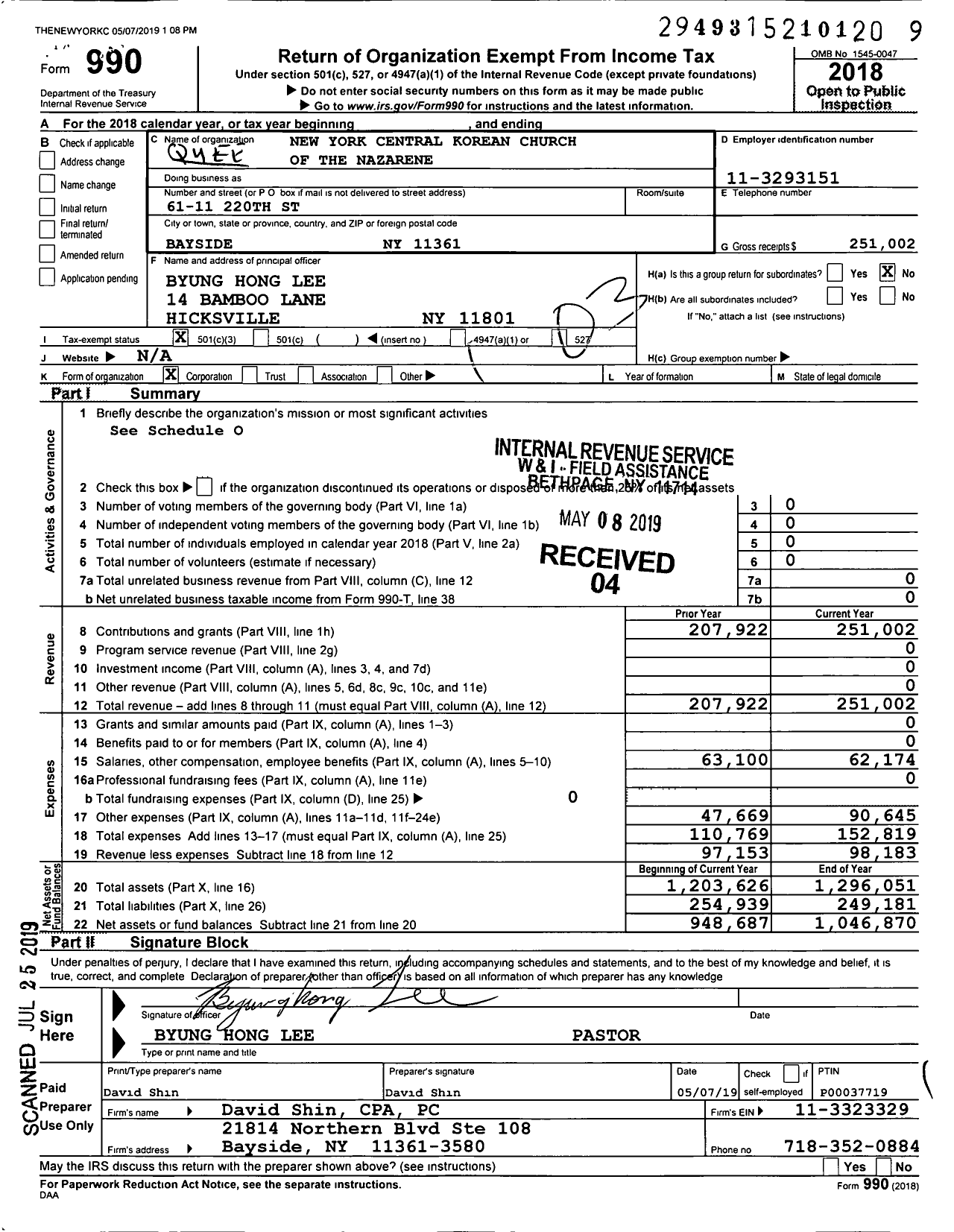 Image of first page of 2018 Form 990 for New York Central Korean Church of the Nazarene