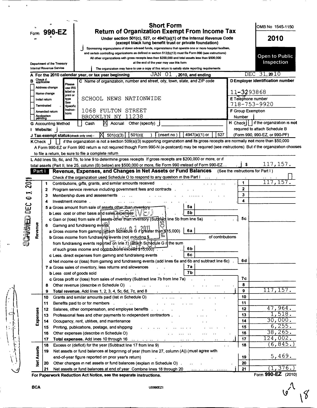 Image of first page of 2010 Form 990EZ for School News Nationwide