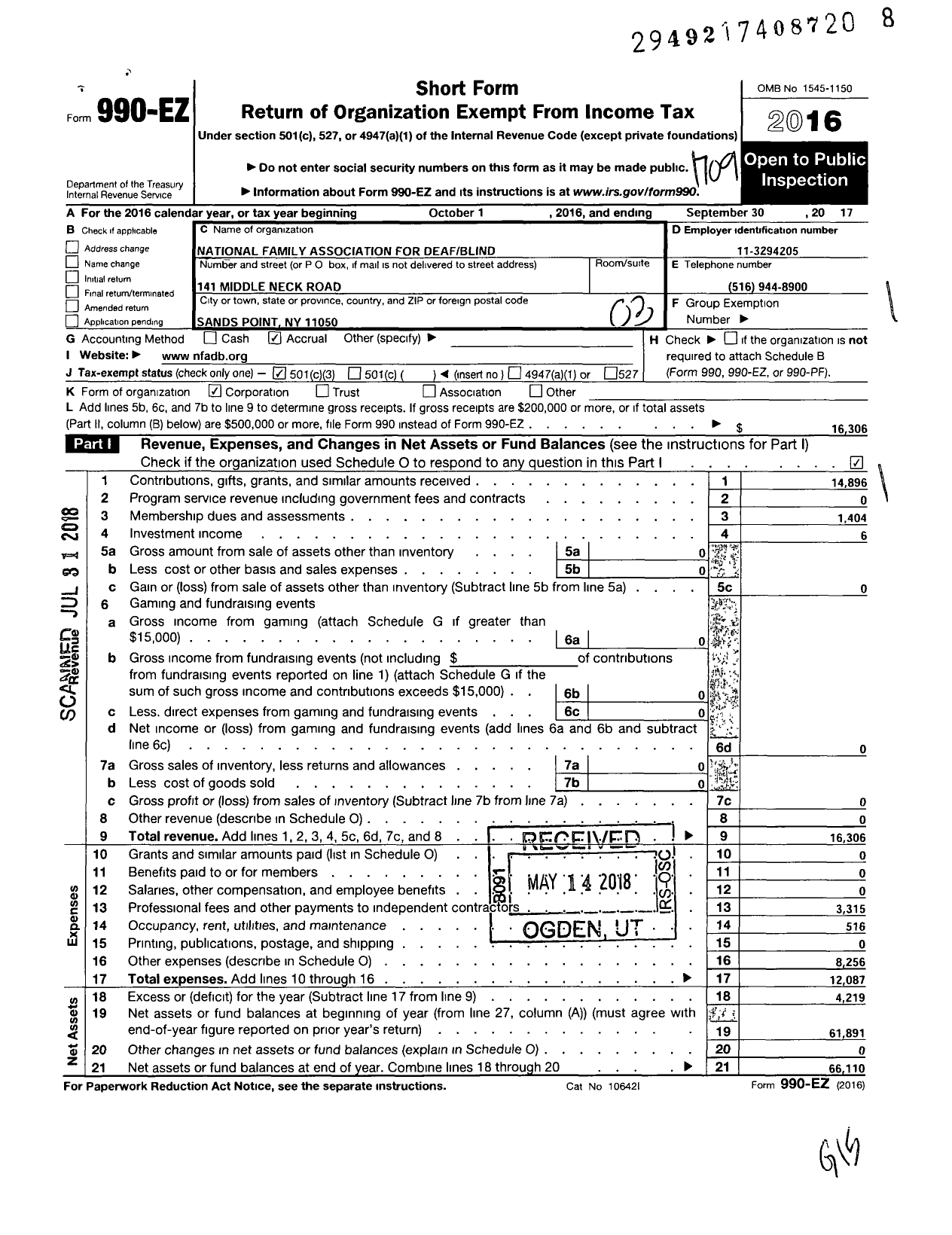 Image of first page of 2016 Form 990EZ for National Family for Deafblind