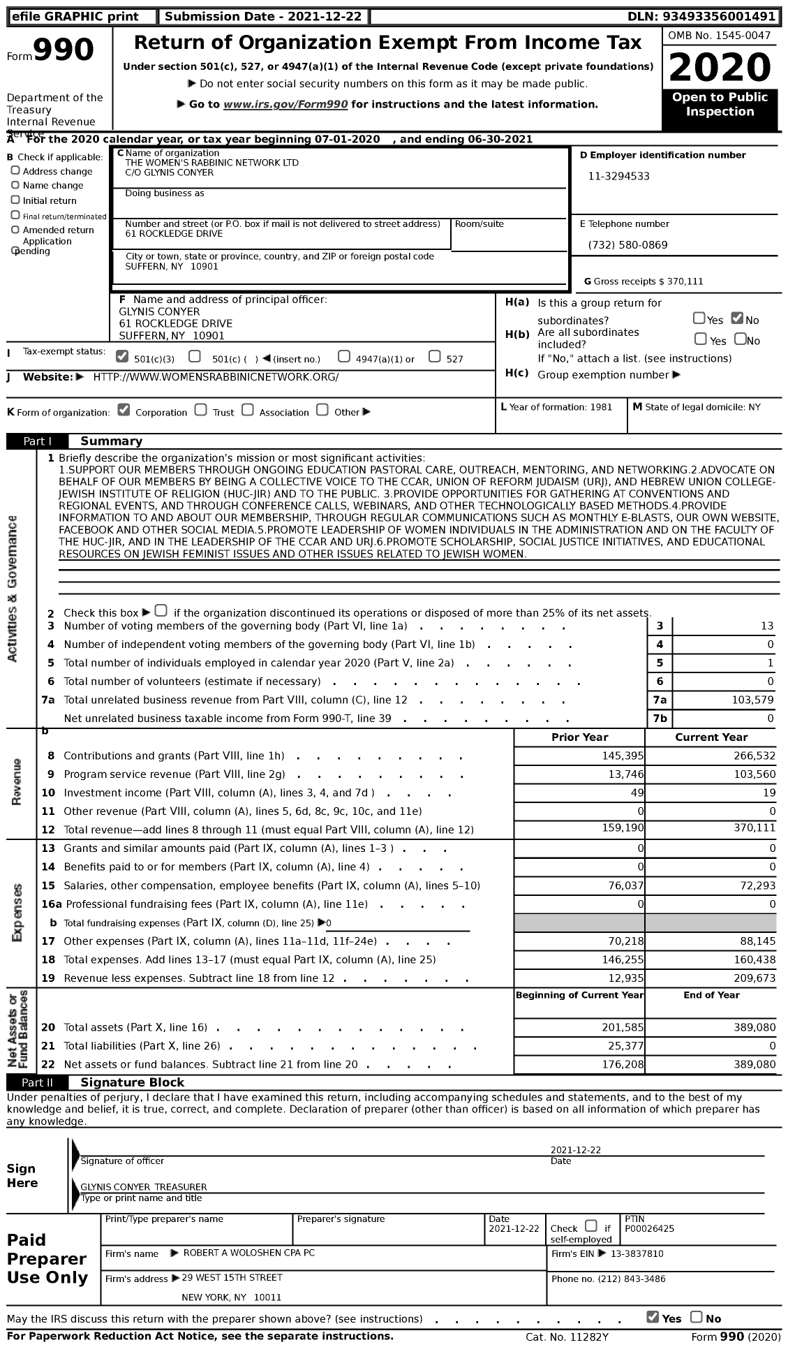 Image of first page of 2020 Form 990 for The Women's Rabbinic Network