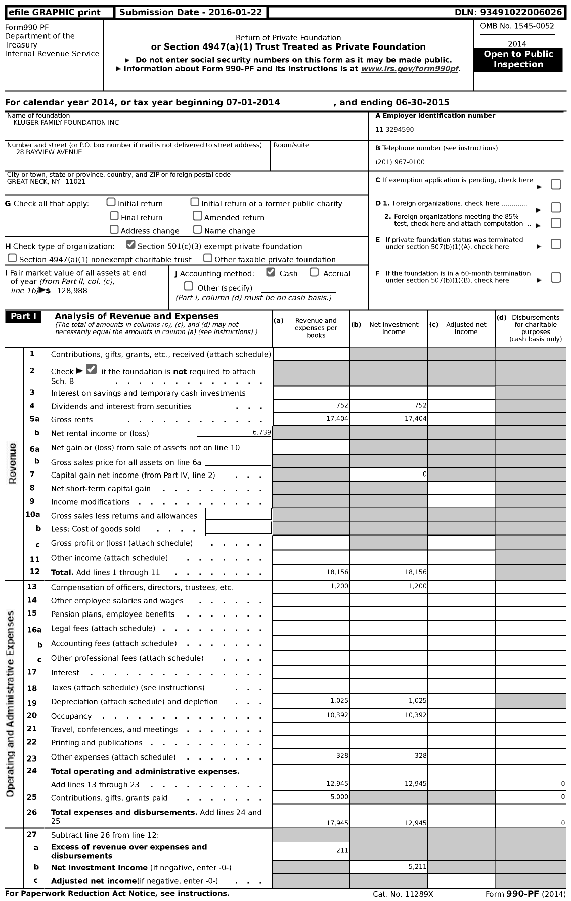 Image of first page of 2014 Form 990PF for Kluger Family Foundation