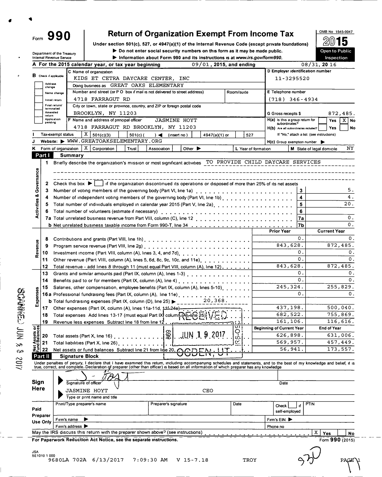 Image of first page of 2015 Form 990 for KIDS ET CETERA DAY CARE CENTER INC Great Oaks Elementary School