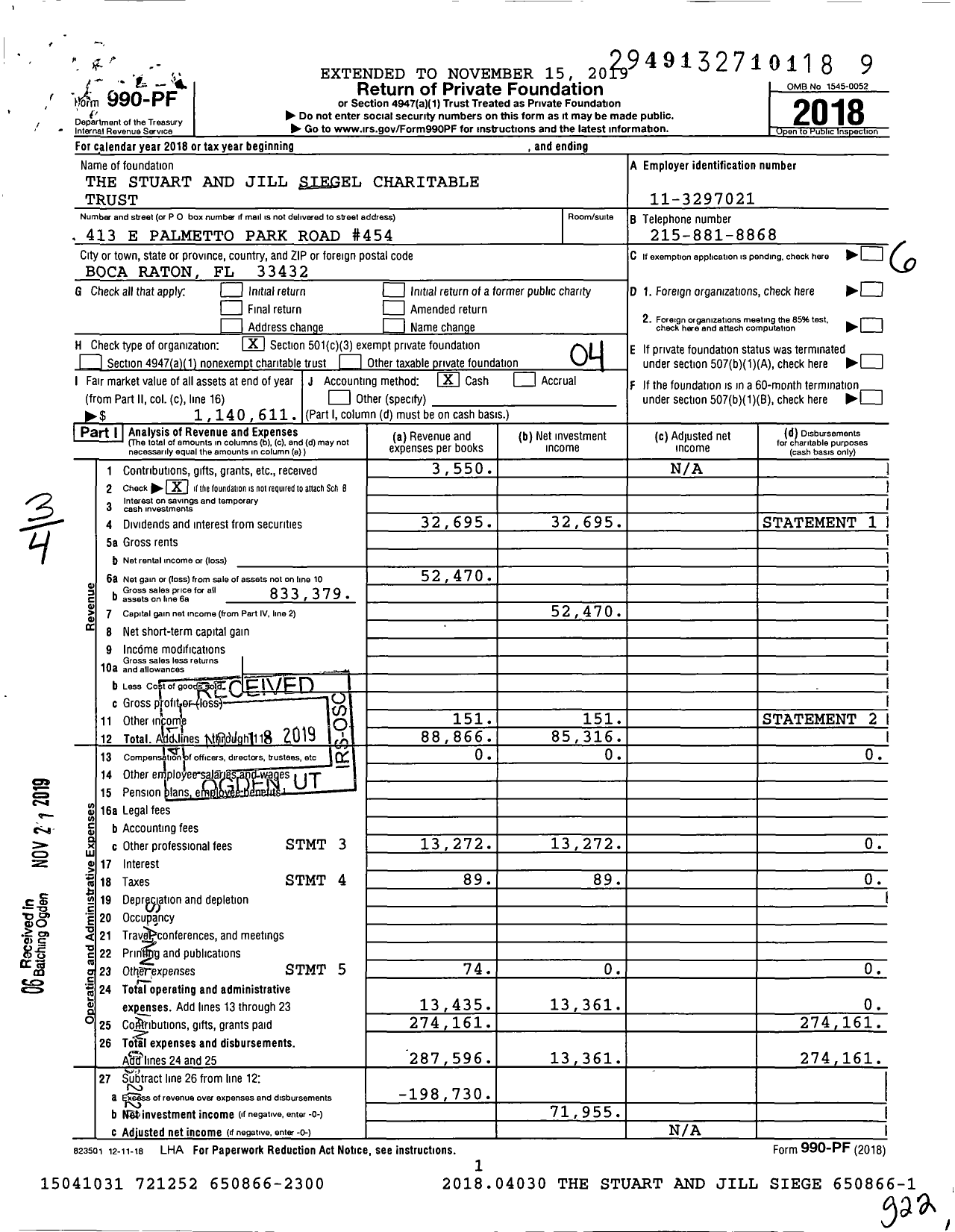 Image of first page of 2018 Form 990PF for Stu Siegel Foundation