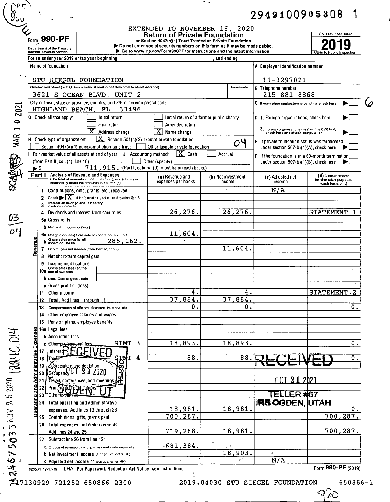 Image of first page of 2019 Form 990PF for Stu Siegel Foundation