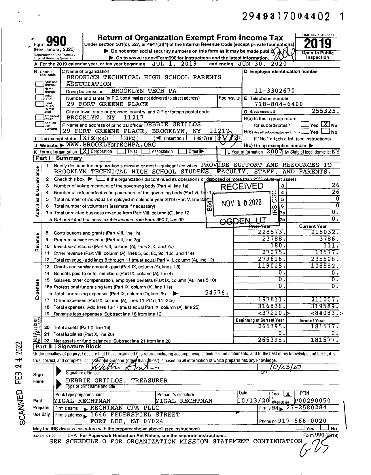 Image of first page of 2019 Form 990 for Brooklyn Technical High School Parent Association