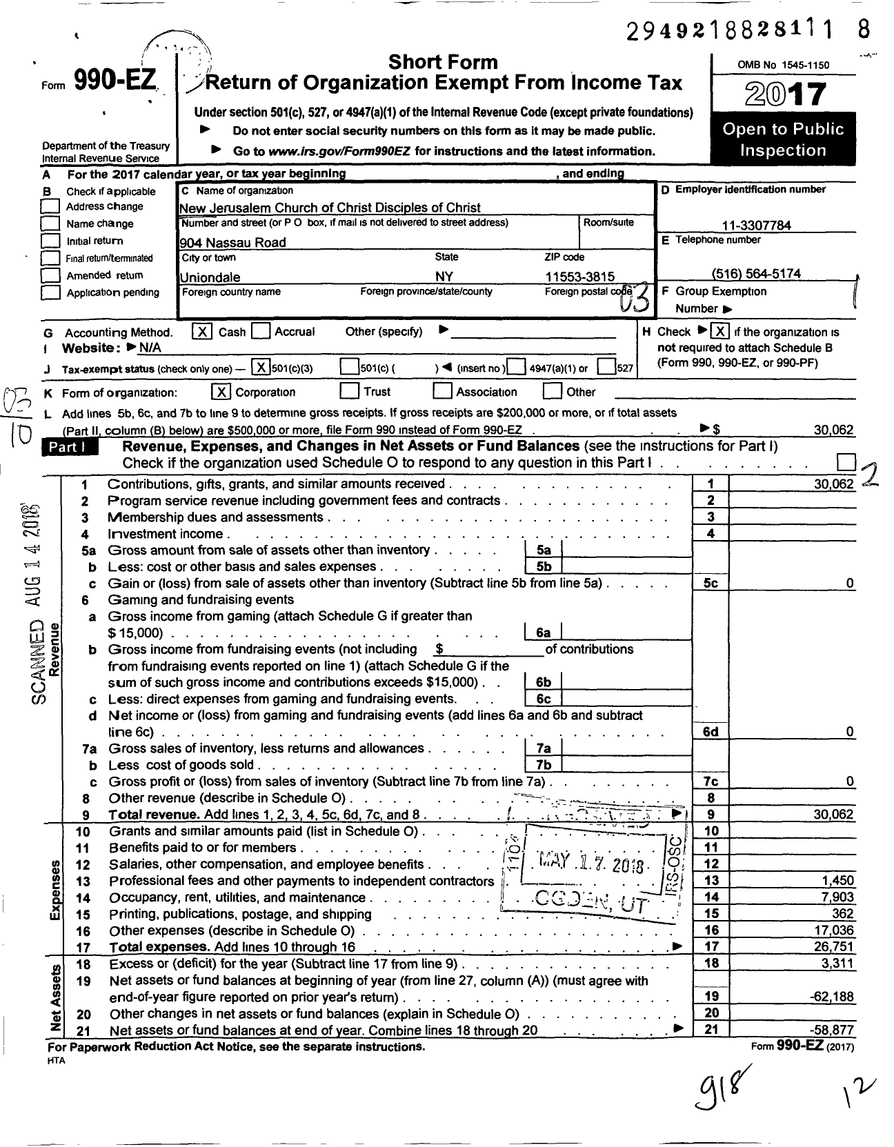 Image of first page of 2017 Form 990EZ for New Jerusalem Church of Christ Disciples of Christ