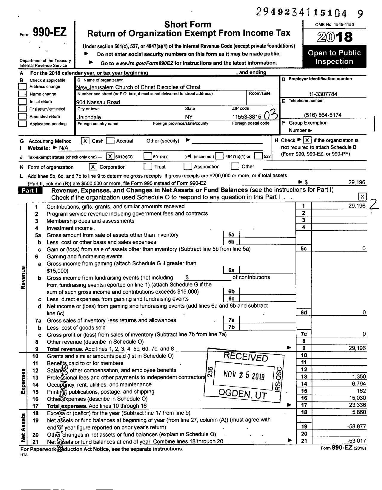 Image of first page of 2018 Form 990EZ for New Jerusalem Church of Christ Disciples of Christ