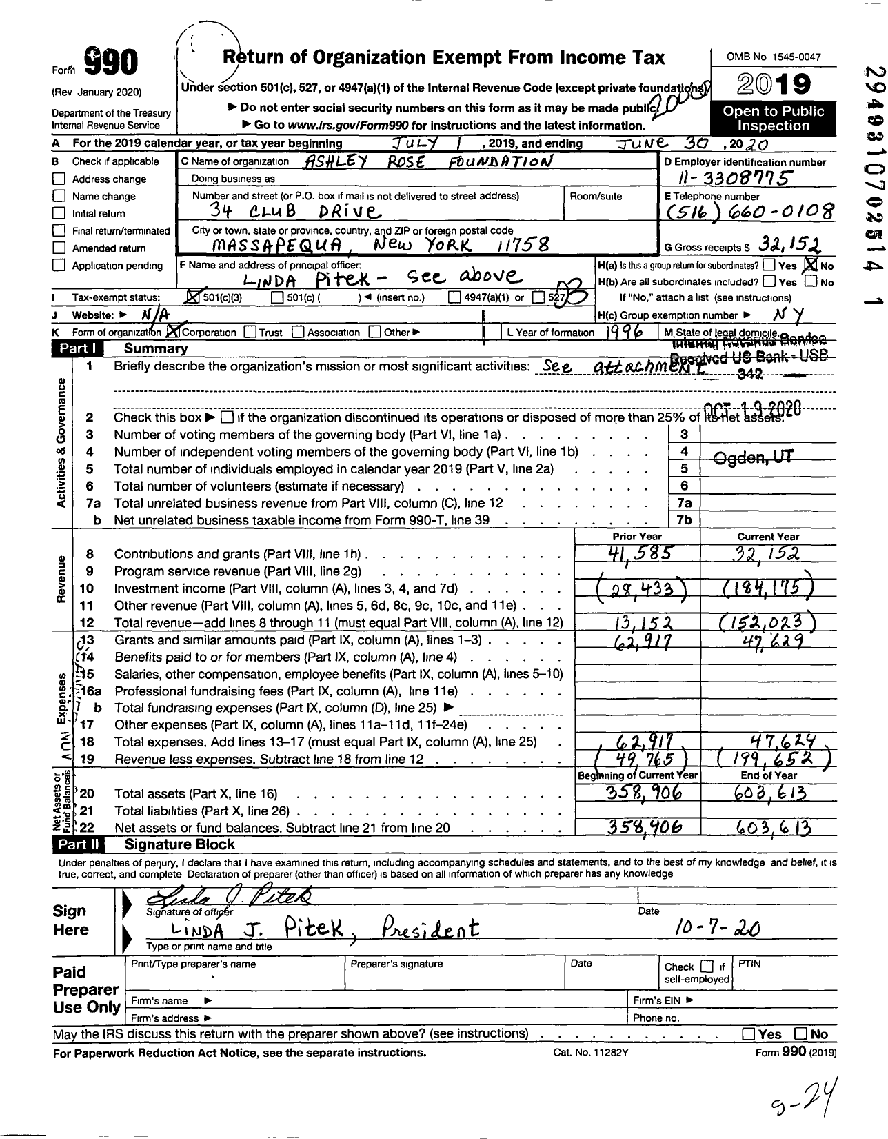 Image of first page of 2019 Form 990 for ASHLEY ROSE Foundation