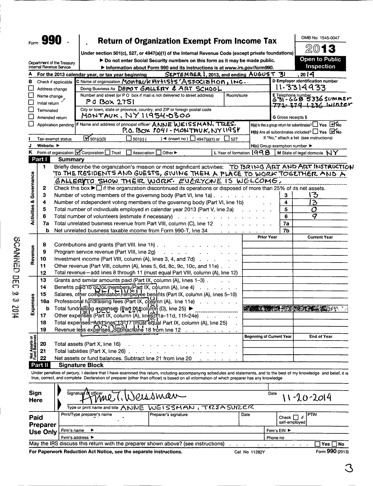 Image of first page of 2013 Form 990 for Montauk Artists Association