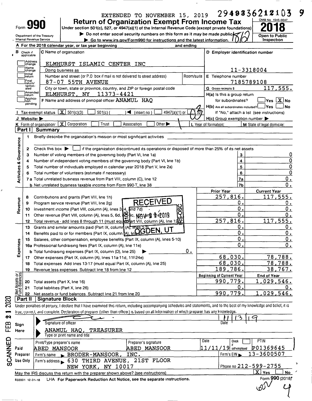 Image of first page of 2018 Form 990 for Elmhurst Islamic Center