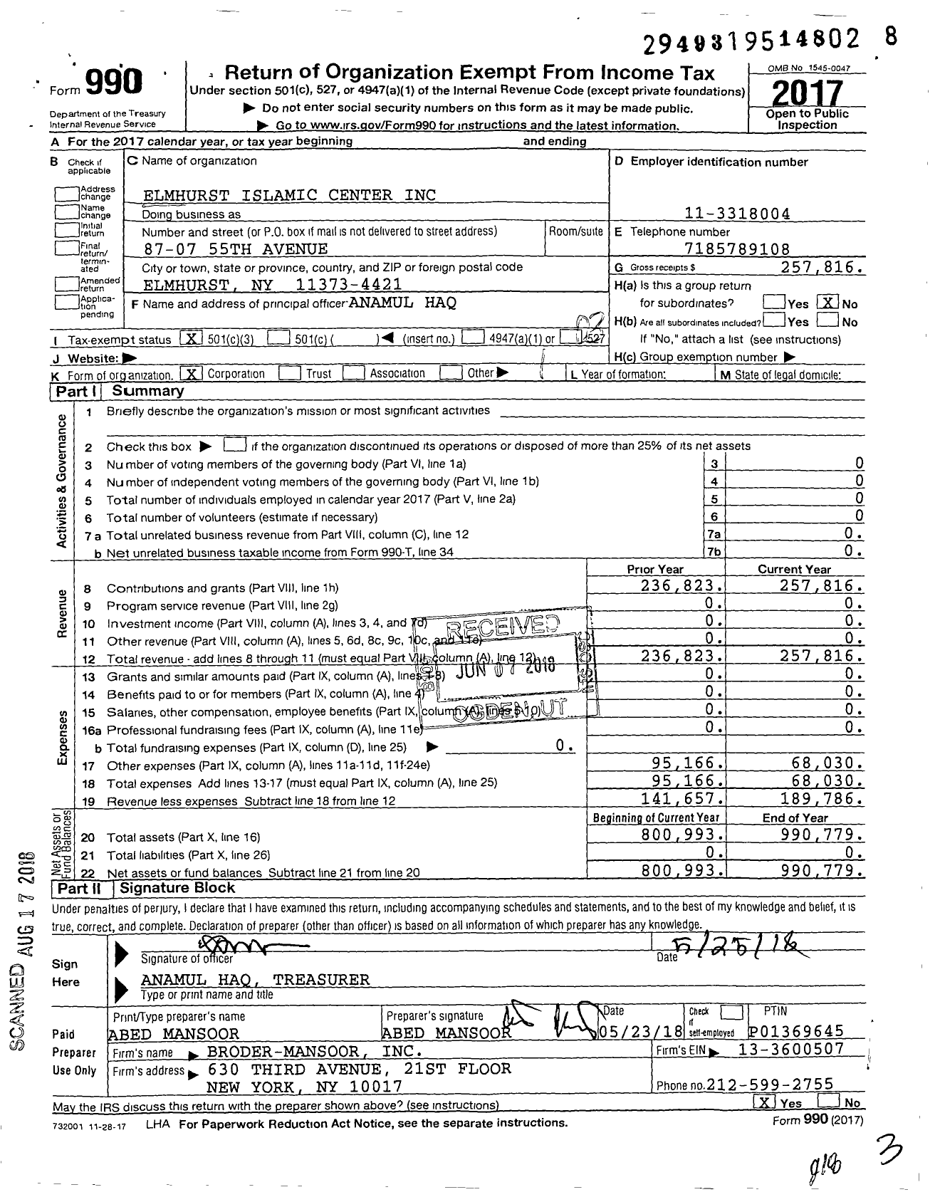 Image of first page of 2017 Form 990 for Elmhurst Islamic Center