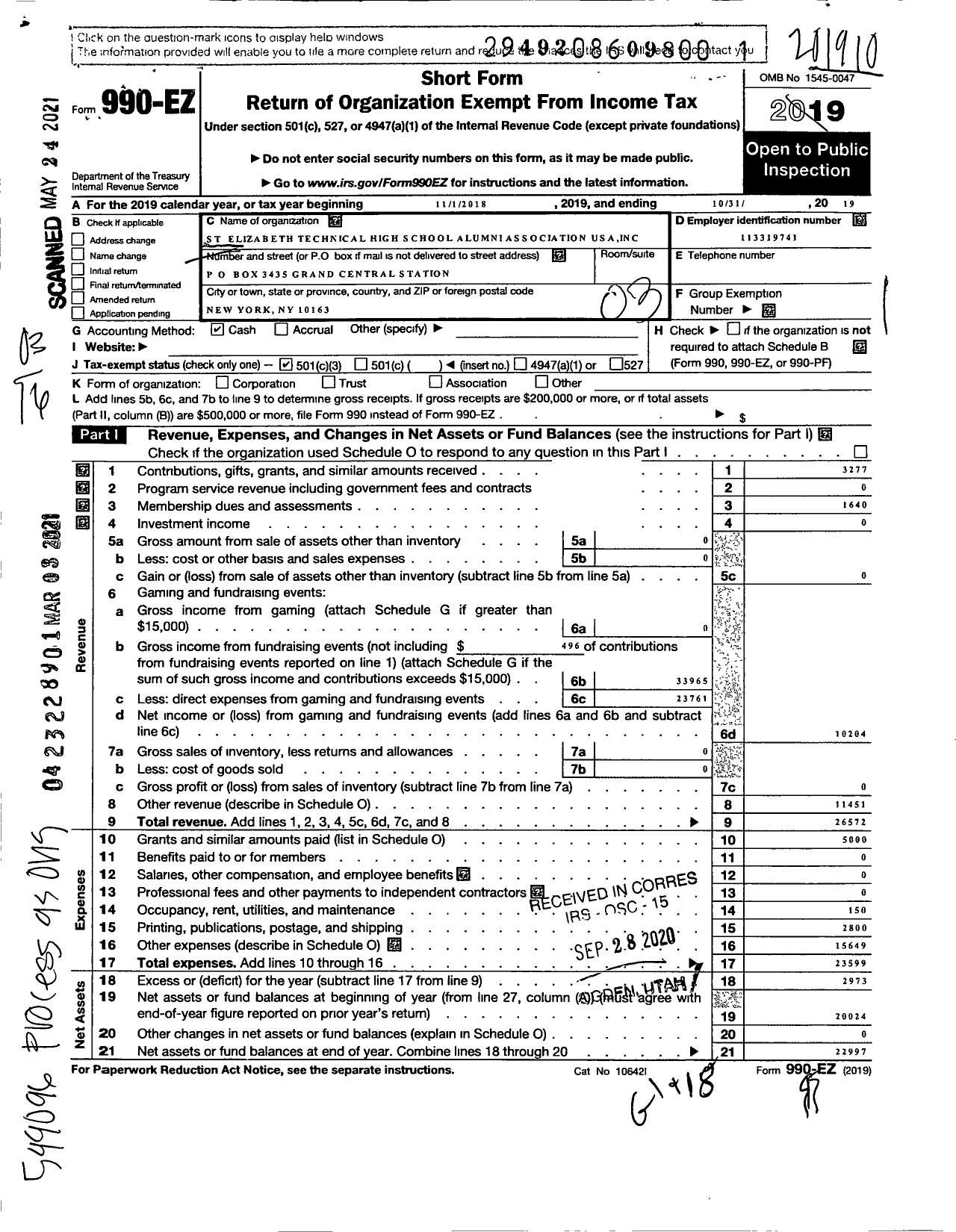 Image of first page of 2018 Form 990EZ for ST ElIZABETH TECHNICAL HIGH SCHOOL ALUMNI ASSOCIATION USA