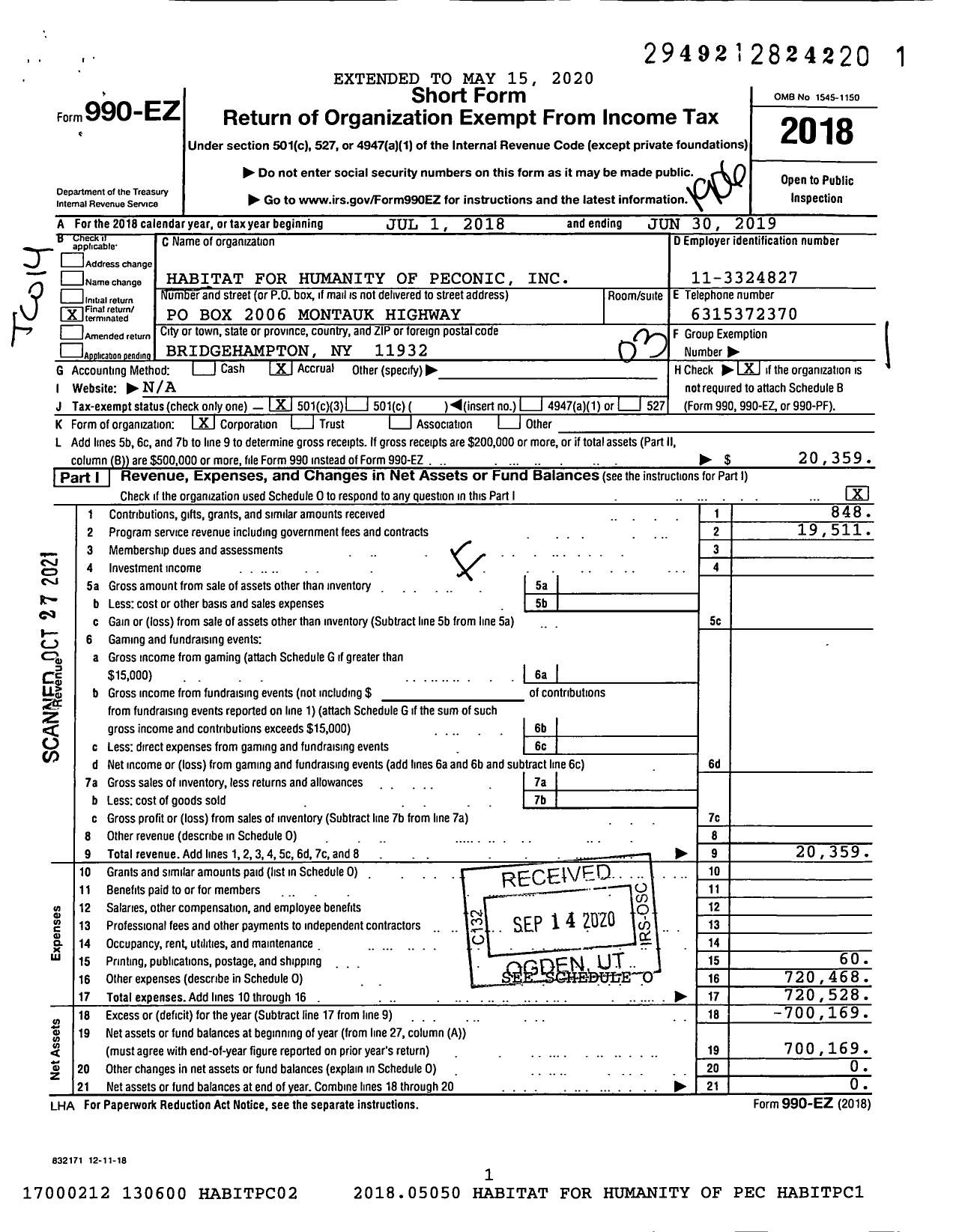 Image of first page of 2018 Form 990EZ for Habitat for Humanity International Peconic HFH