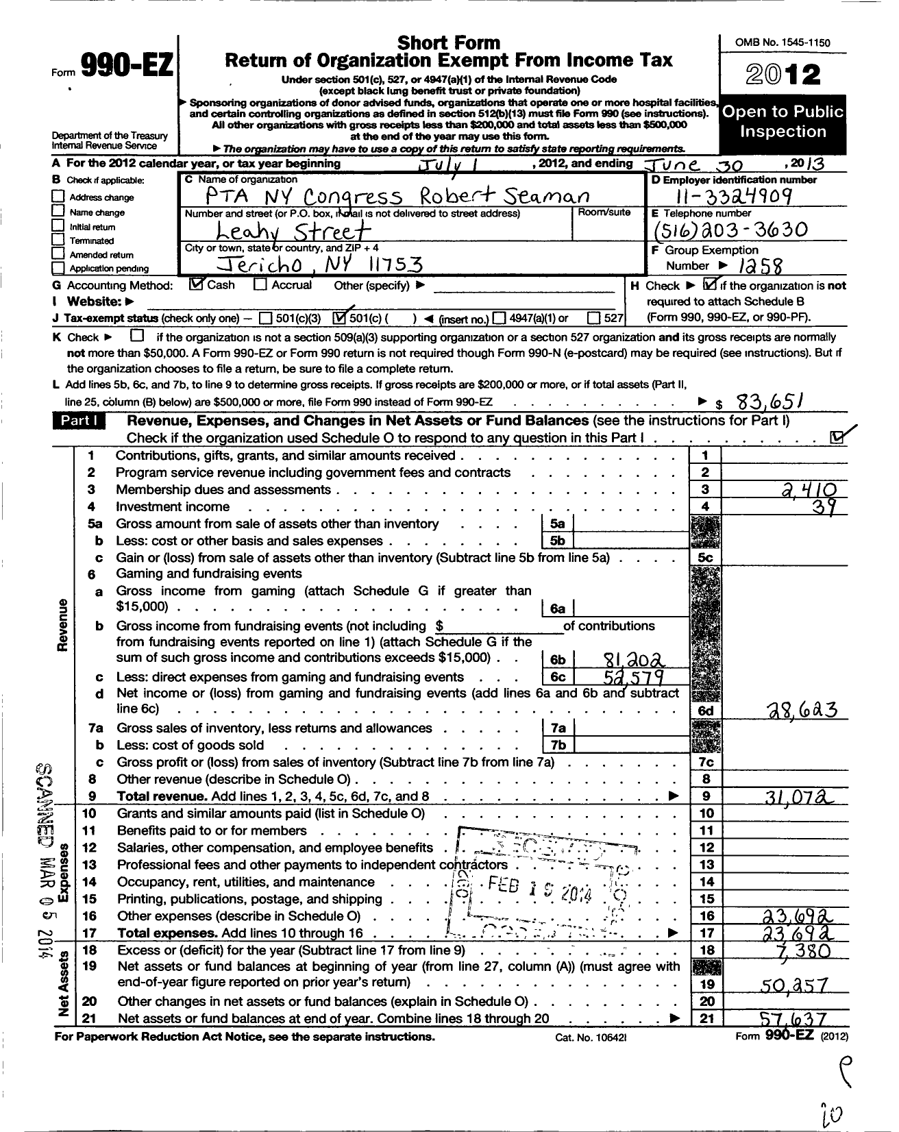 Image of first page of 2012 Form 990EO for New York State PTA - 10-537 Robert Seaman PTA