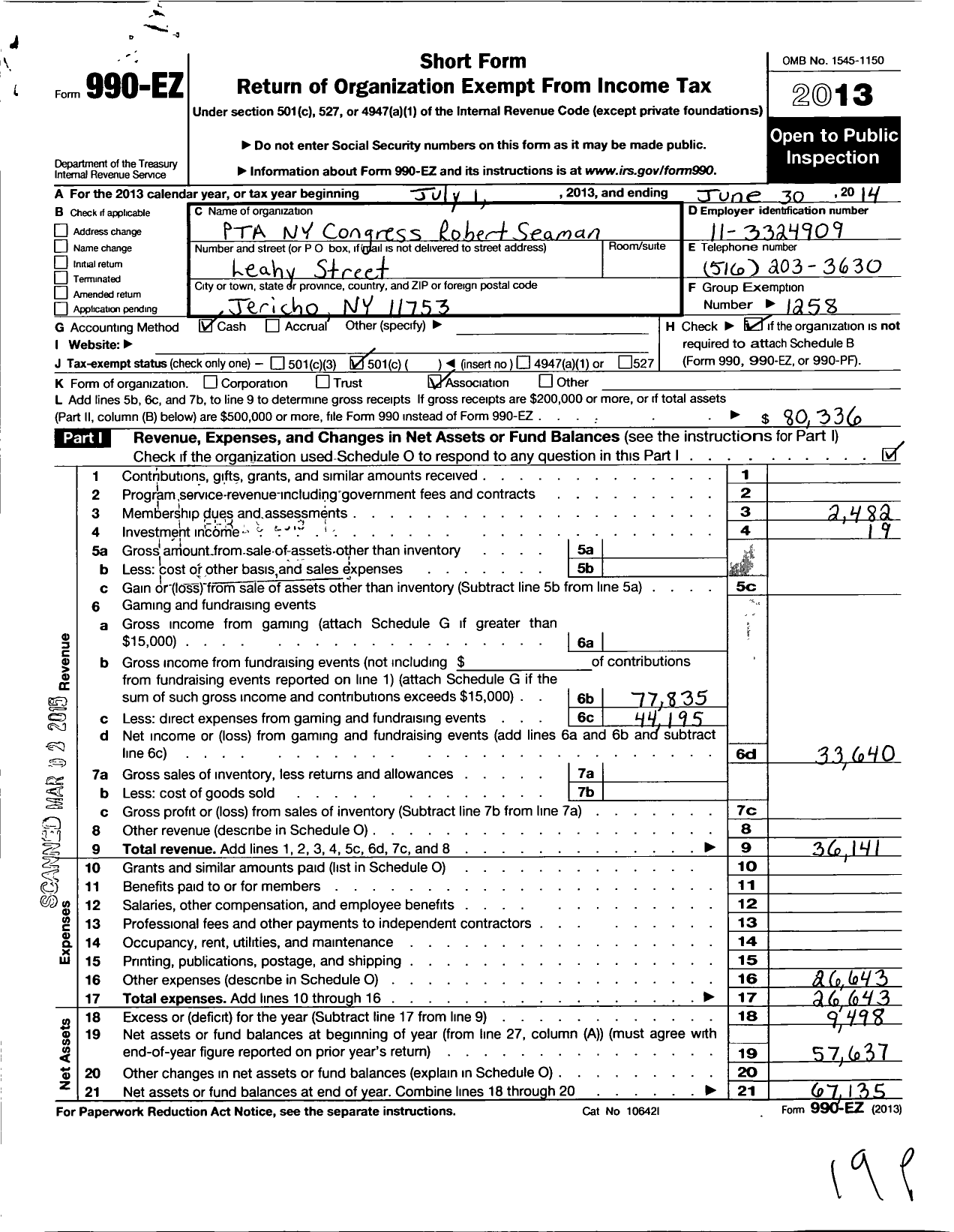 Image of first page of 2013 Form 990EO for New York State PTA - 10-537 Robert Seaman PTA