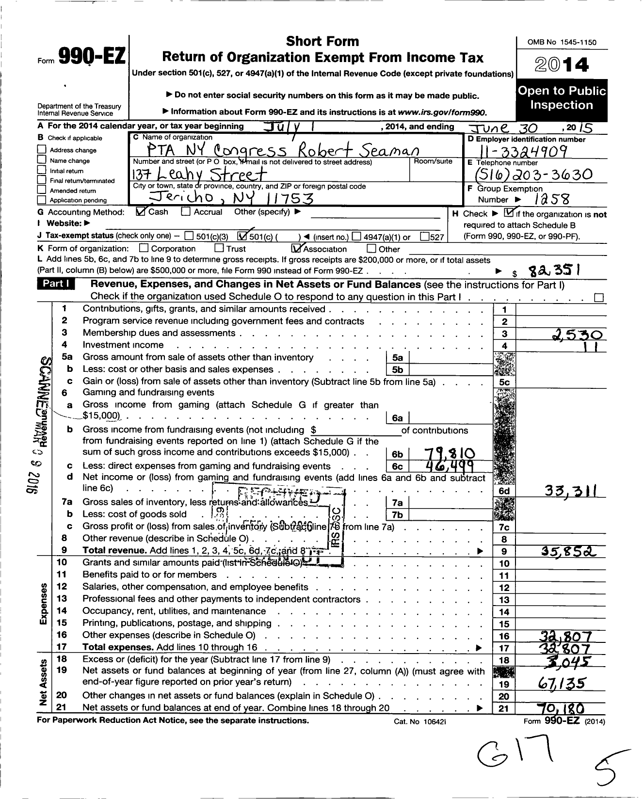 Image of first page of 2014 Form 990EO for New York State PTA - 10-537 Robert Seaman PTA