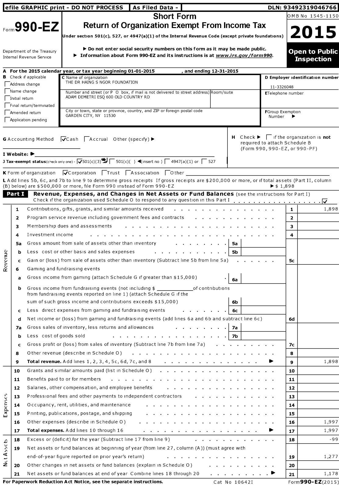 Image of first page of 2015 Form 990EZ for Dr Haing S Ngor Foundation