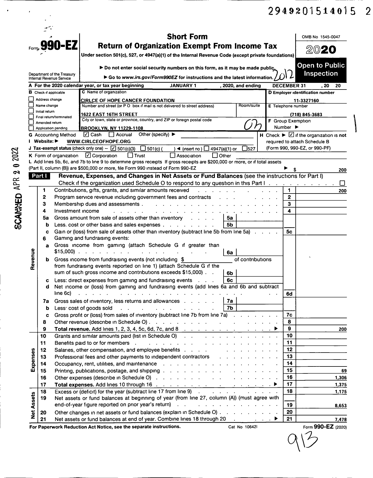 Image of first page of 2020 Form 990EZ for Circle of Hope Cancer Foundation