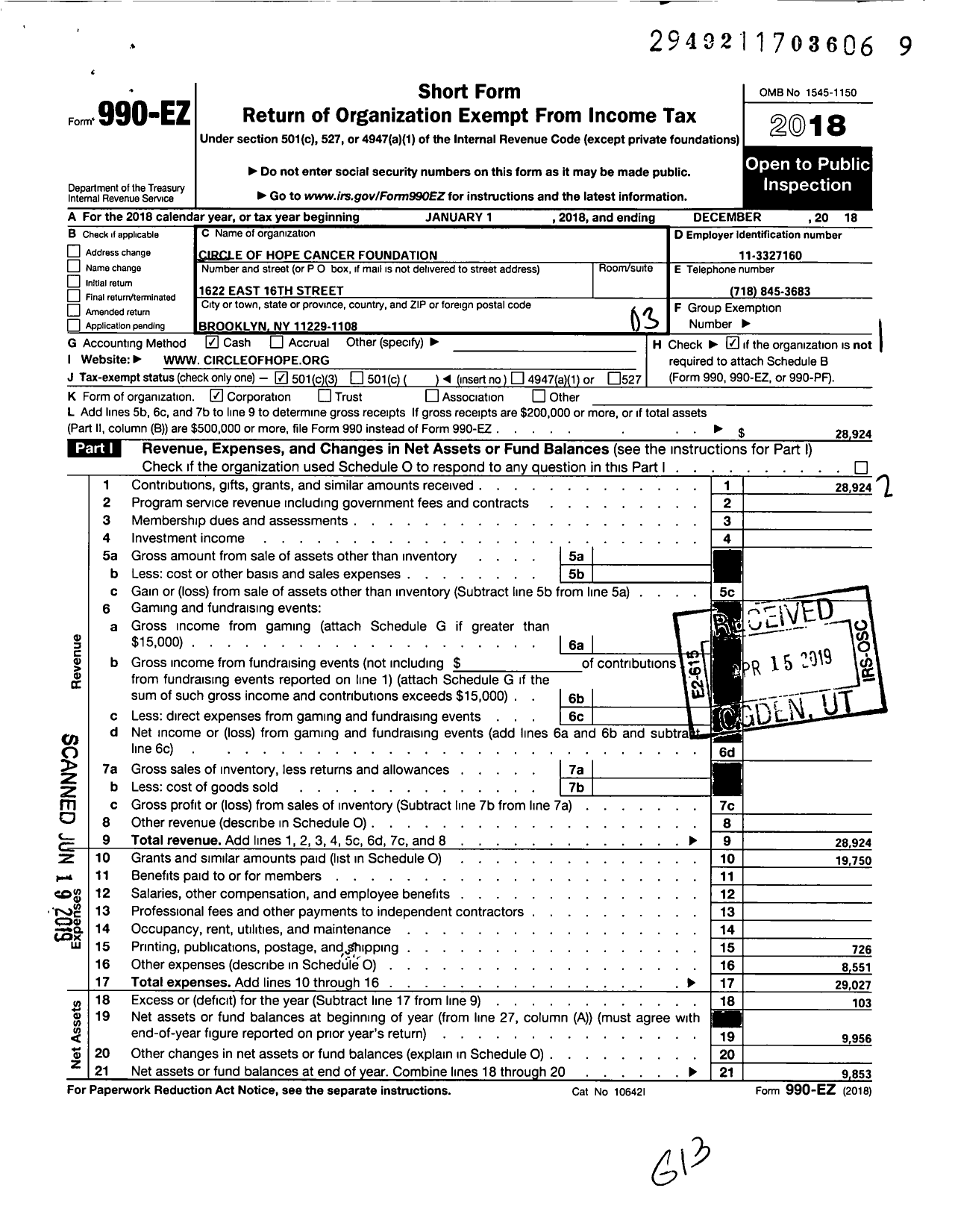 Image of first page of 2018 Form 990EZ for Circle of Hope Cancer Foundation