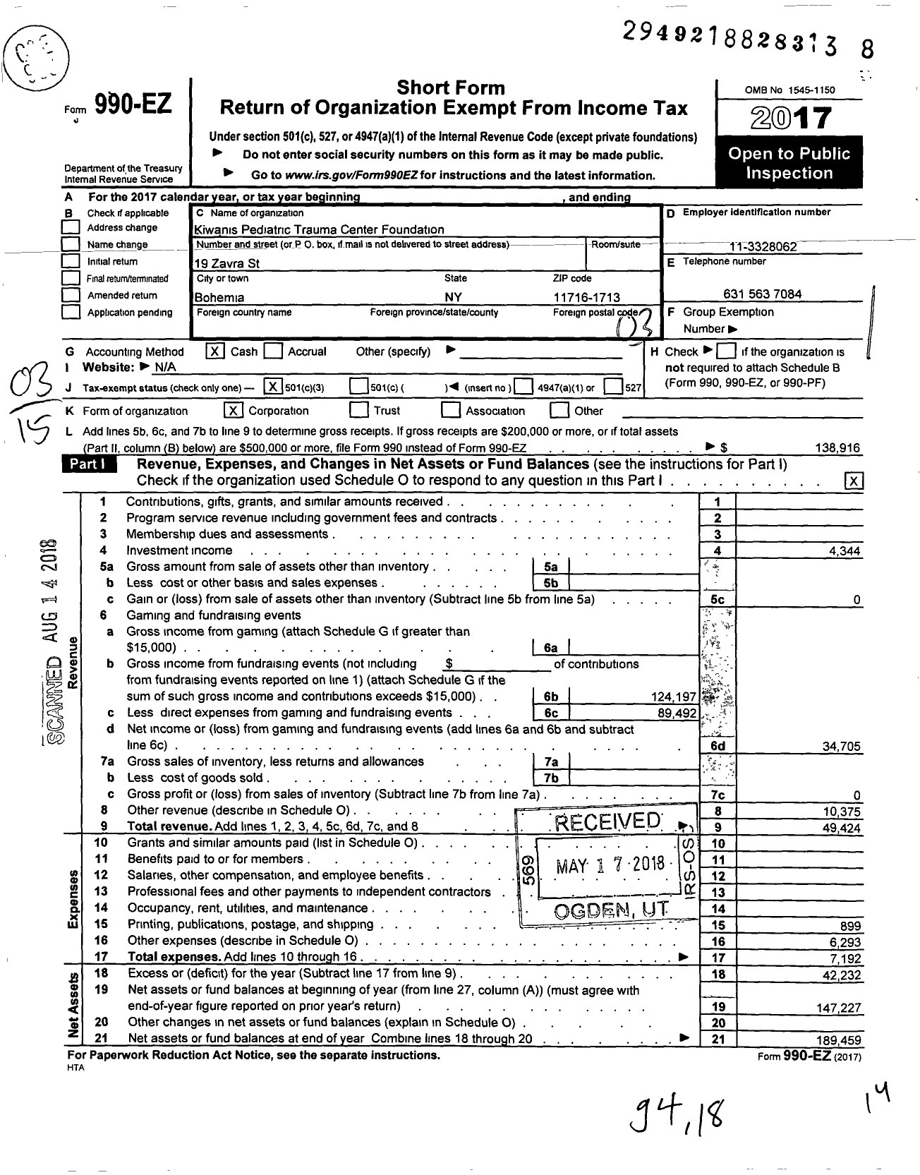 Image of first page of 2017 Form 990EZ for Kiwanis Pediatric Trauma Center Foundation