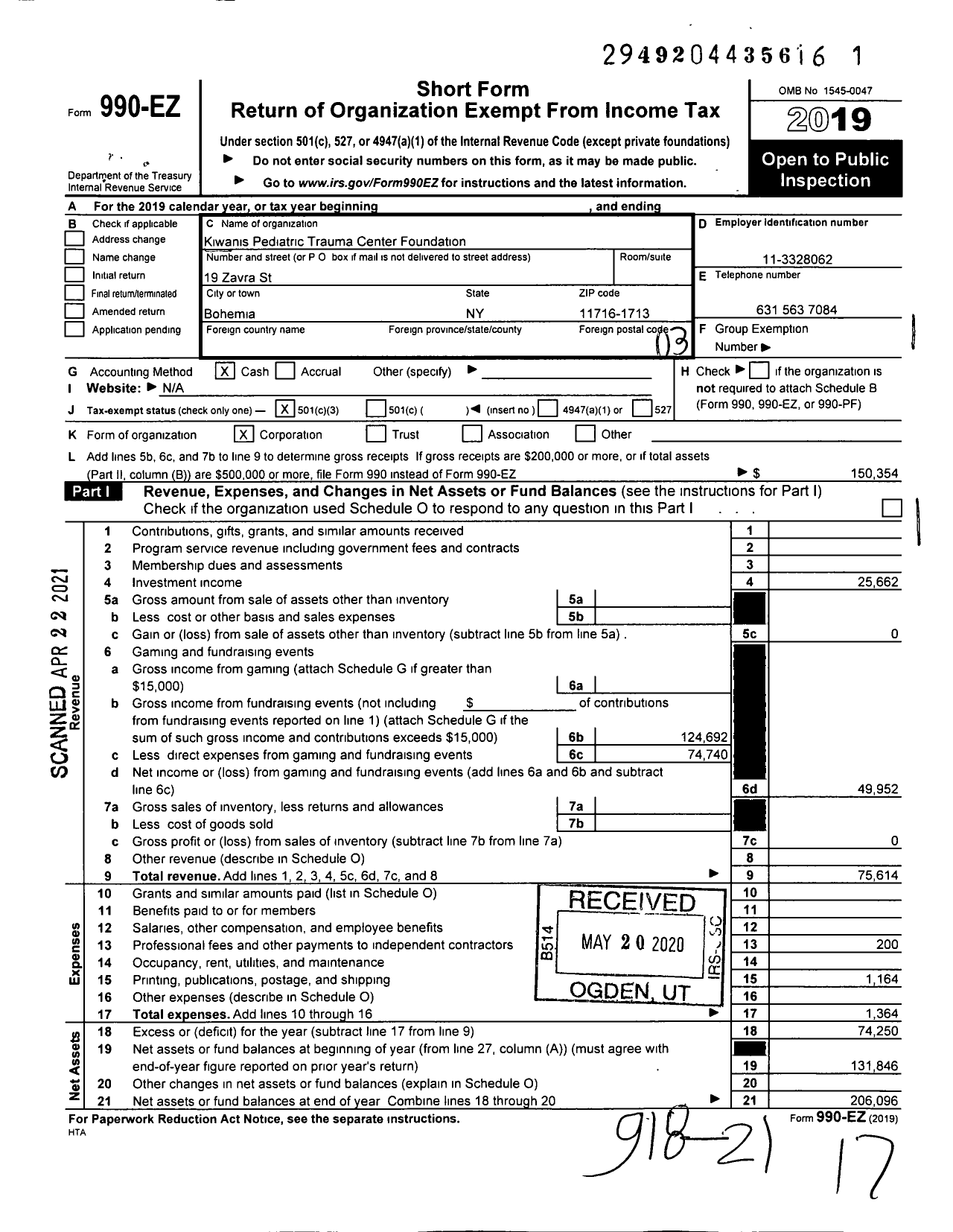 Image of first page of 2019 Form 990EZ for Kiwanis Pediatric Trauma Center Foundation