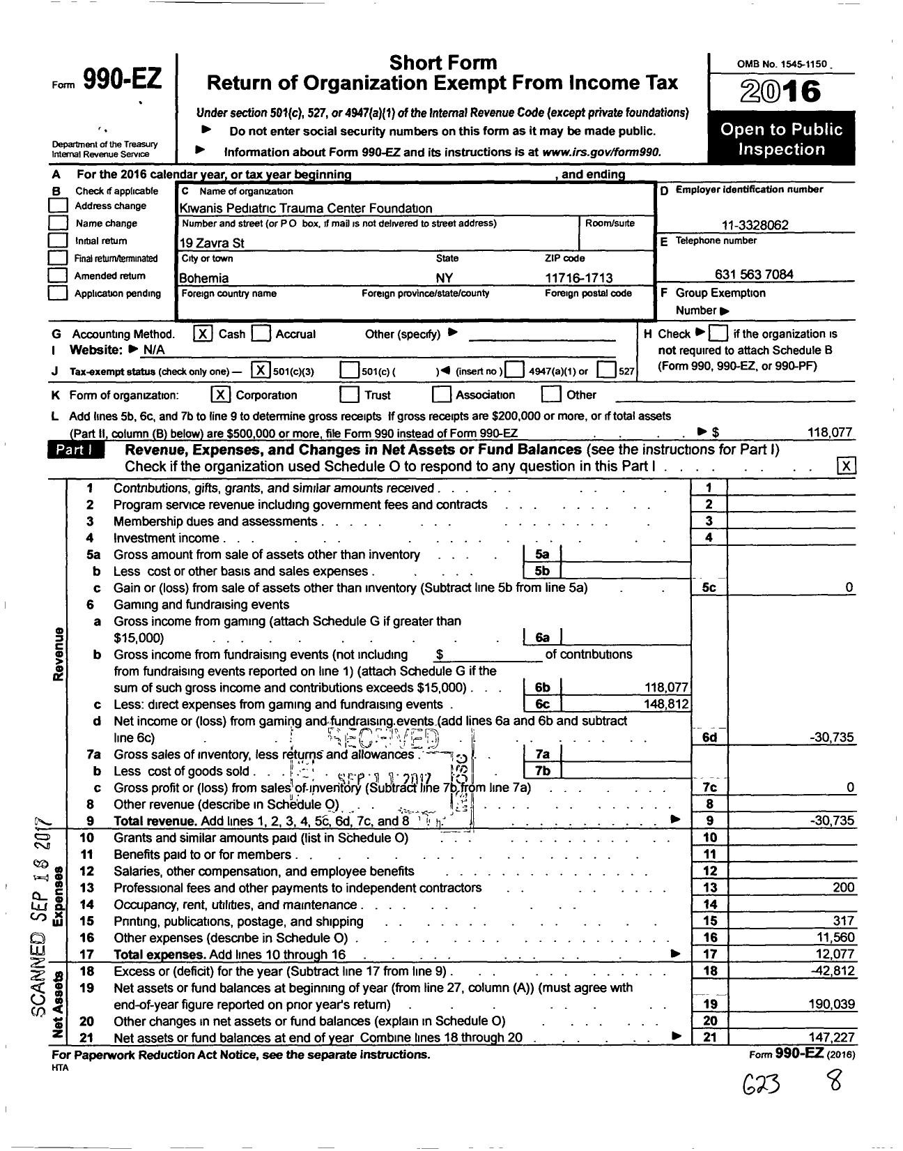 Image of first page of 2016 Form 990EZ for Kiwanis Pediatric Trauma Center Foundation