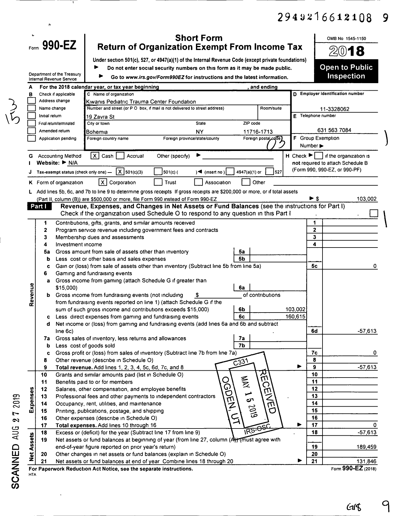 Image of first page of 2018 Form 990EZ for Kiwanis Pediatric Trauma Center Foundation