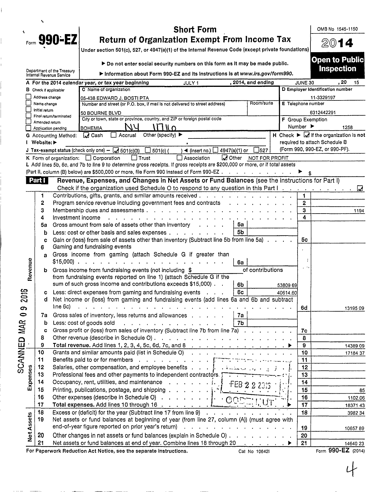 Image of first page of 2014 Form 990EZ for New York State PTA - 05-438 Edward J Bosti PTA