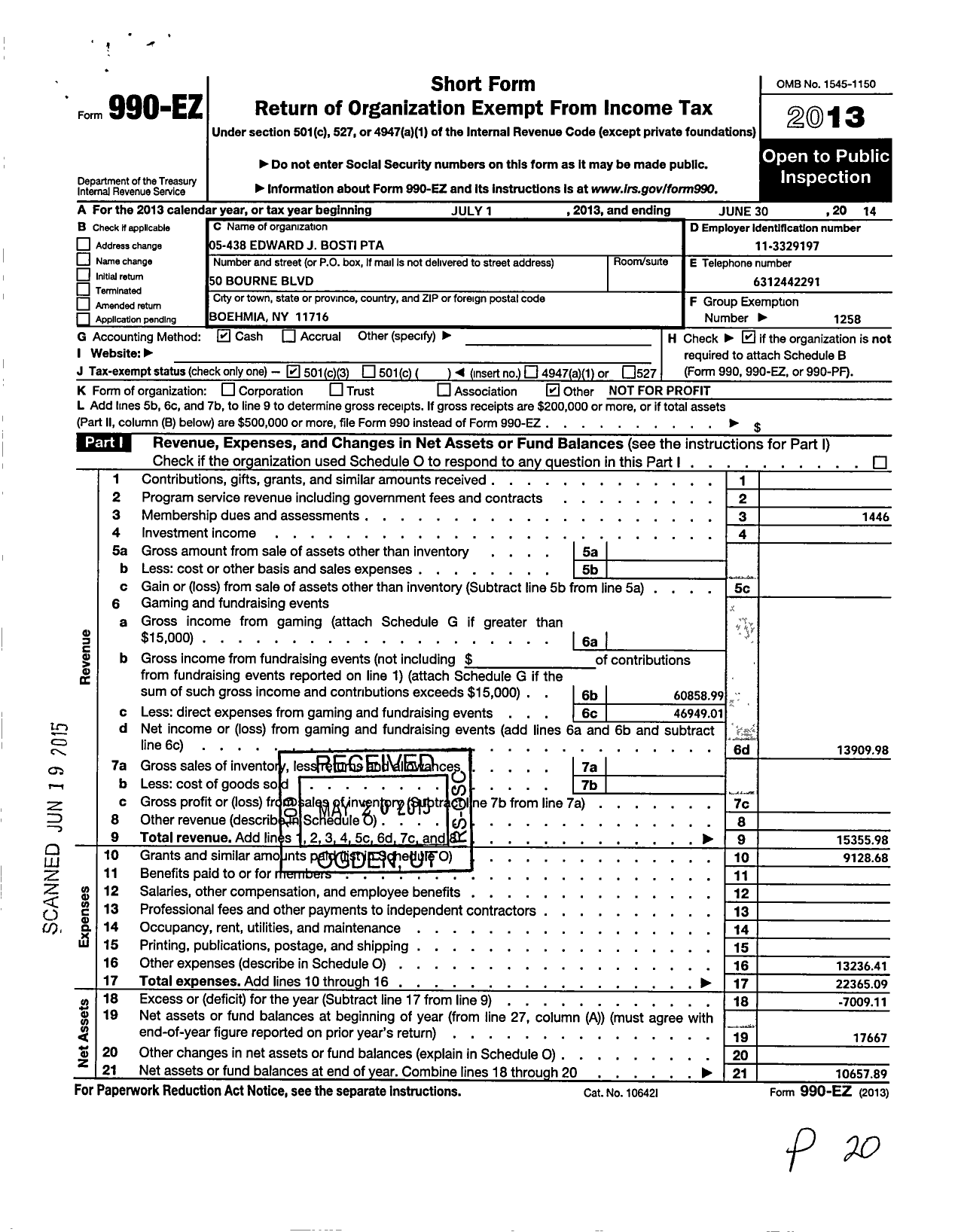 Image of first page of 2013 Form 990EZ for New York State PTA - 05-438 Edward J Bosti PTA