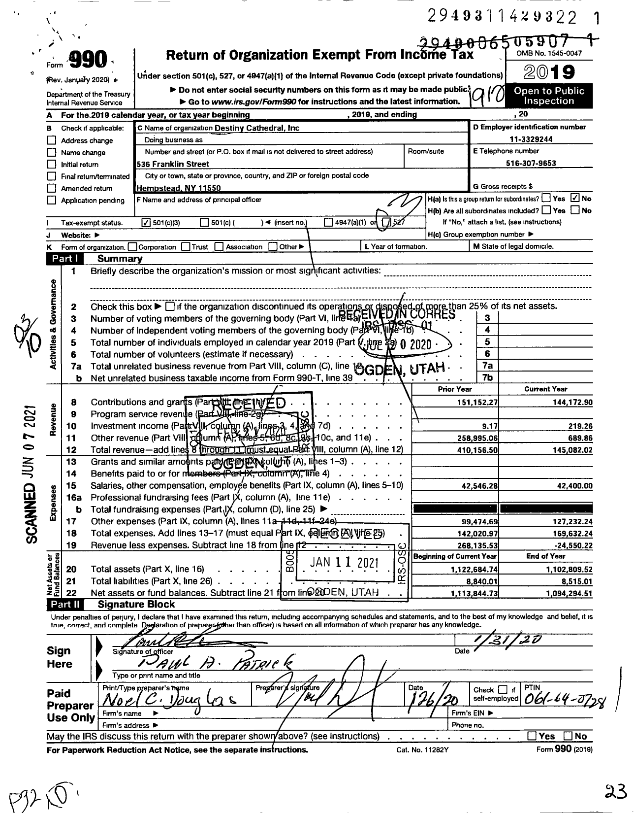 Image of first page of 2019 Form 990 for Destiny Cathedral