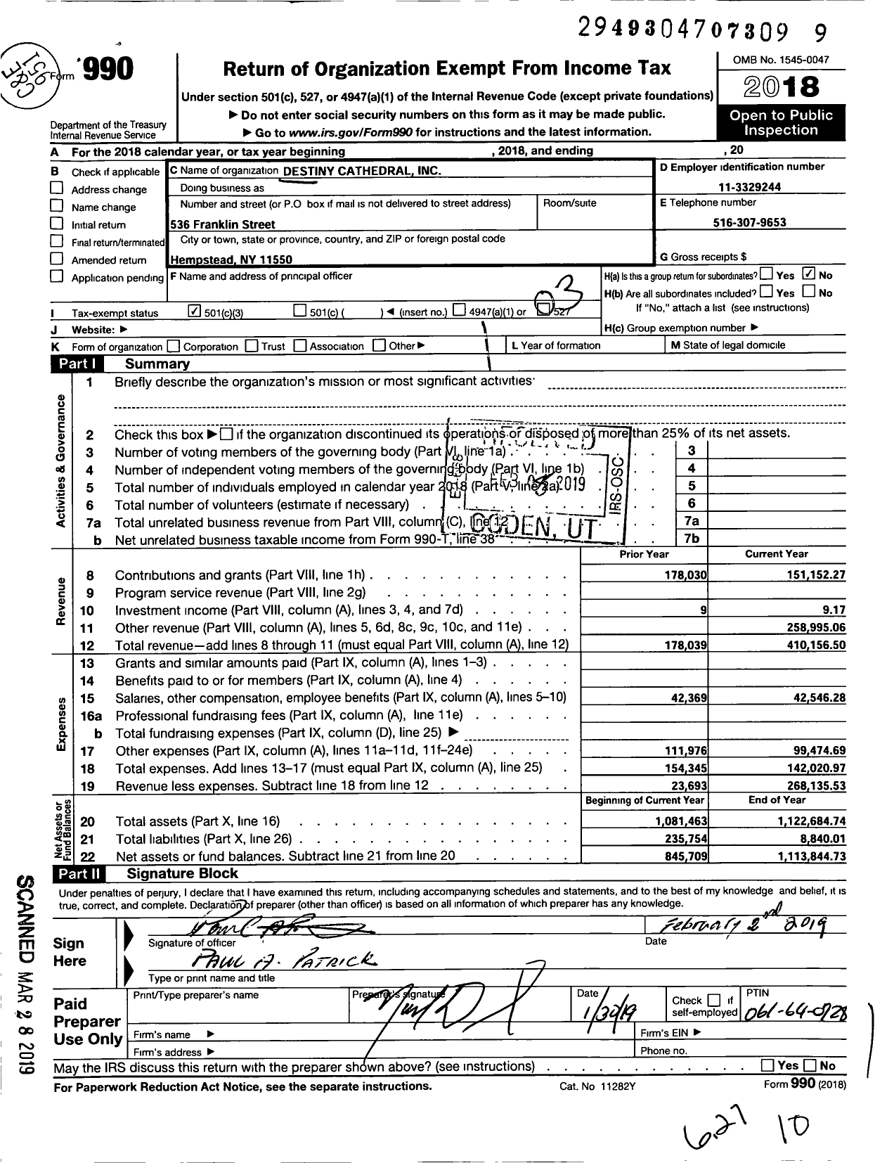 Image of first page of 2018 Form 990 for Destiny Cathedral