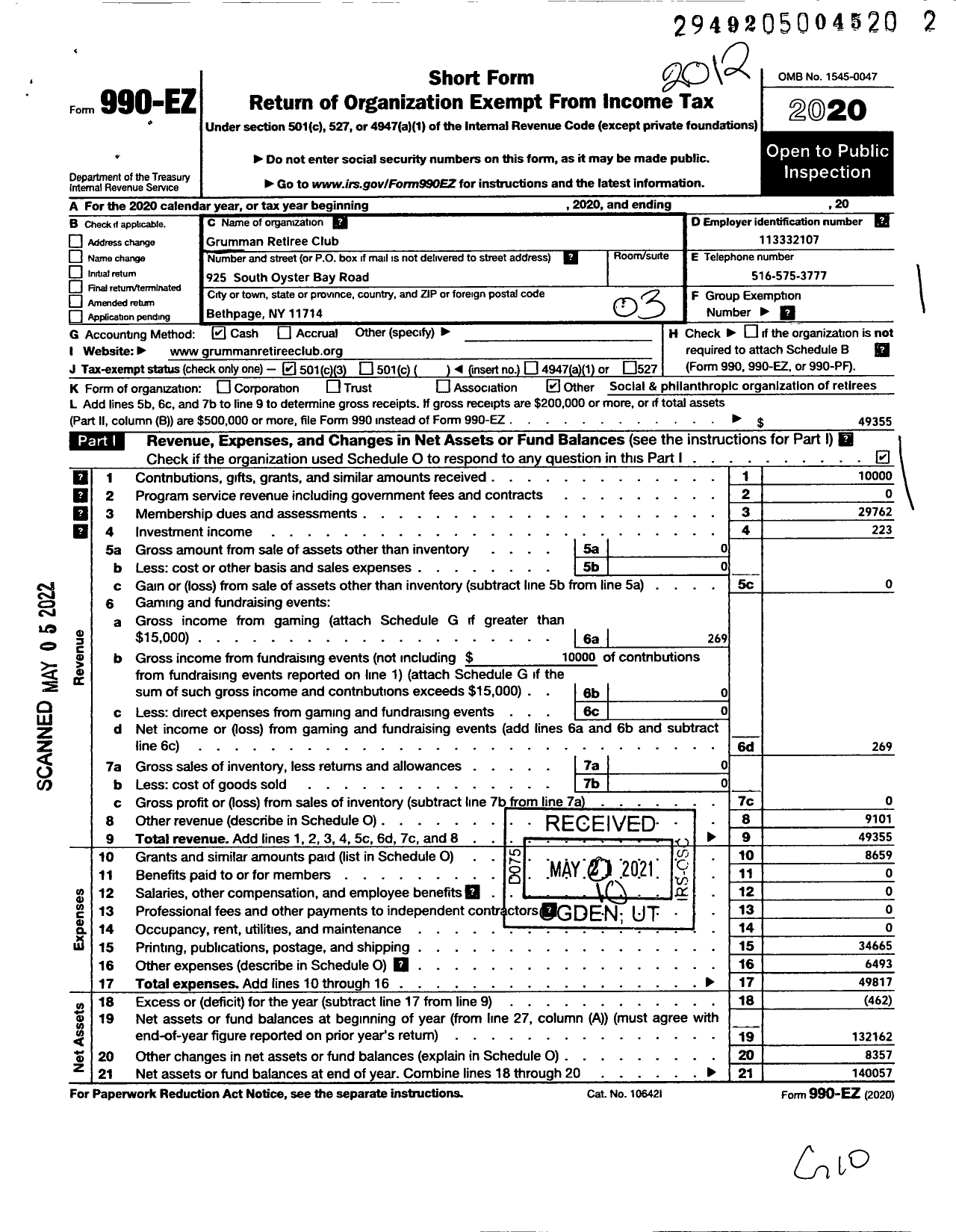 Image of first page of 2020 Form 990EZ for Grumman Retiree Club