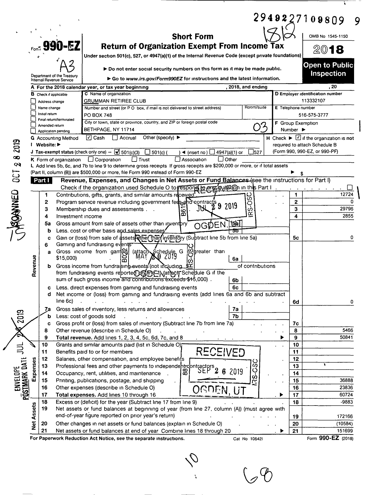 Image of first page of 2018 Form 990EZ for Grumman Retiree Club