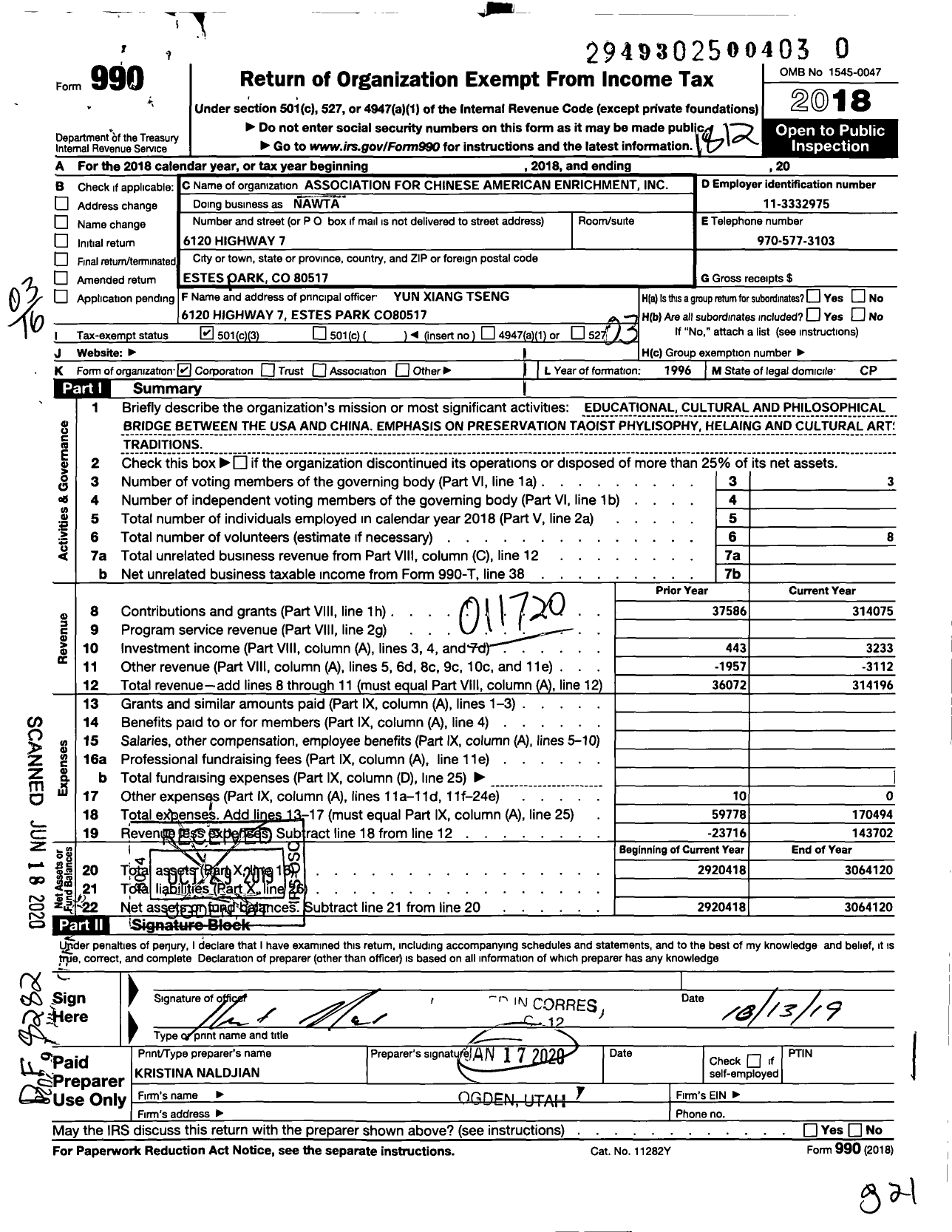 Image of first page of 2018 Form 990 for Nawta