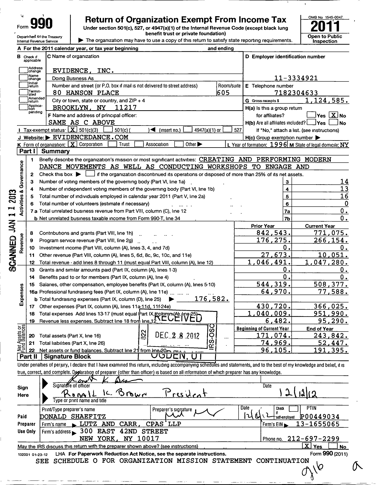 Image of first page of 2011 Form 990 for Evidence