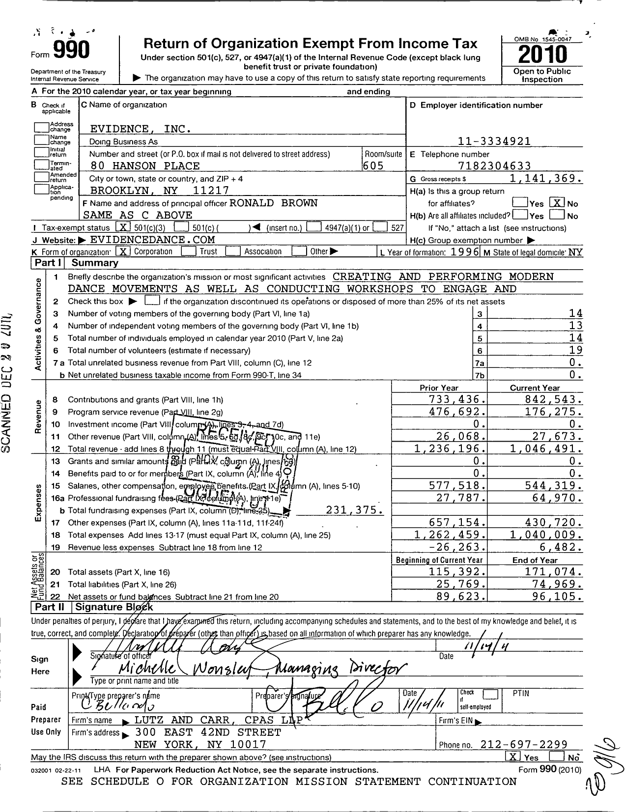 Image of first page of 2010 Form 990 for Evidence