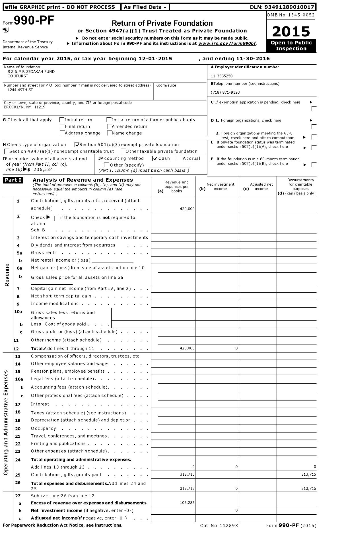 Image of first page of 2015 Form 990PF for S Z and P R Zedakah Fund