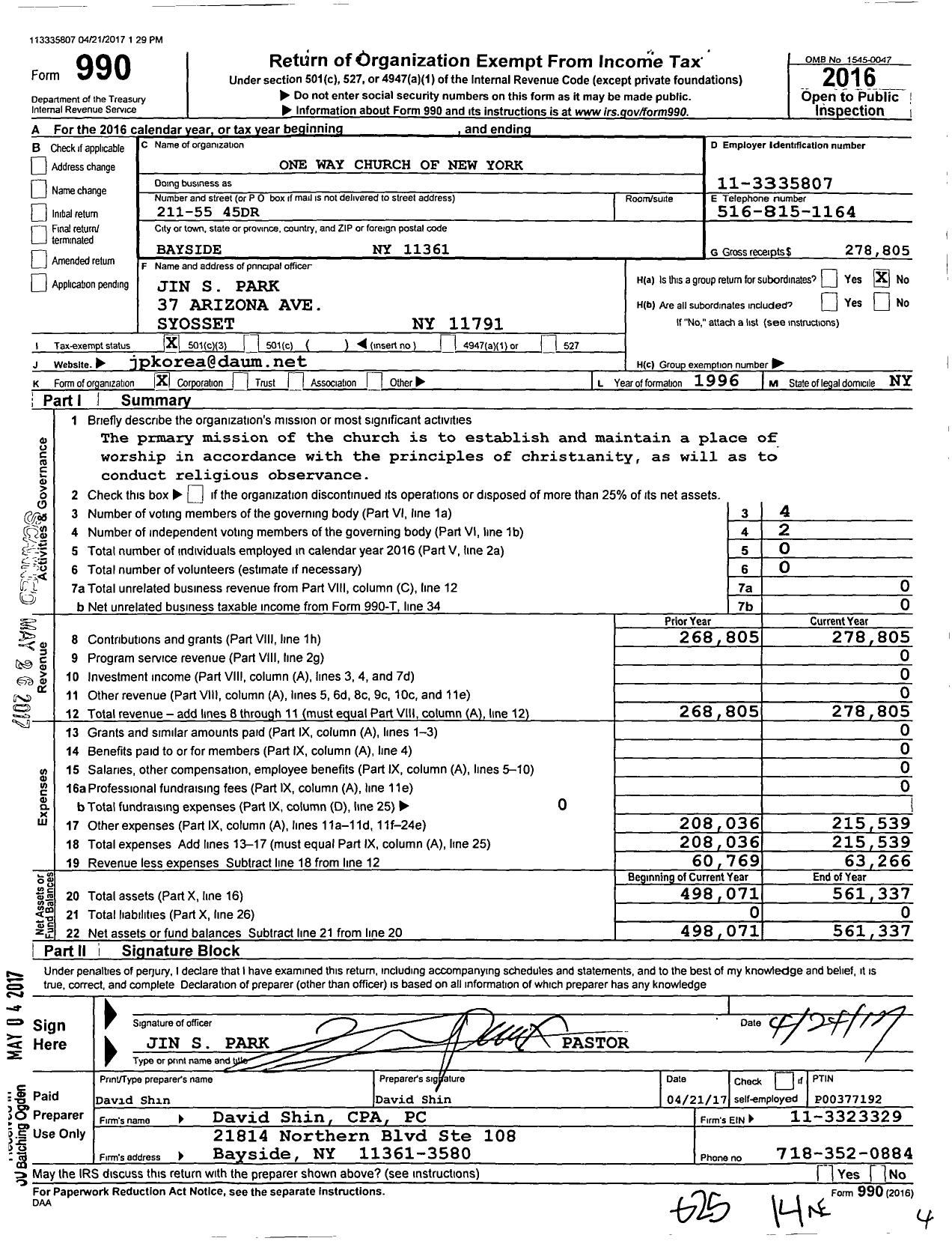 Image of first page of 2016 Form 990 for One Way Church of New York