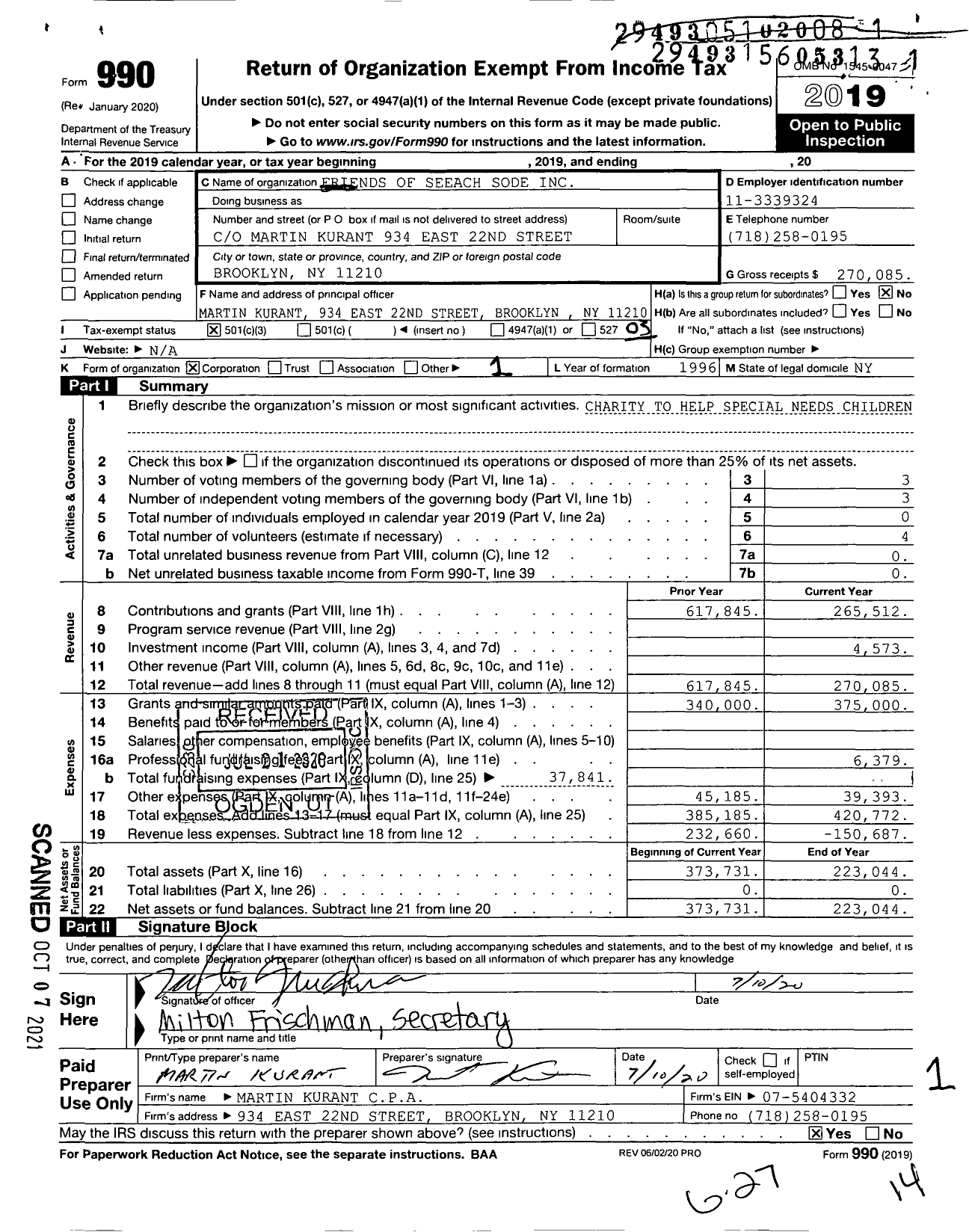 Image of first page of 2019 Form 990 for Friends of Seeach Sode