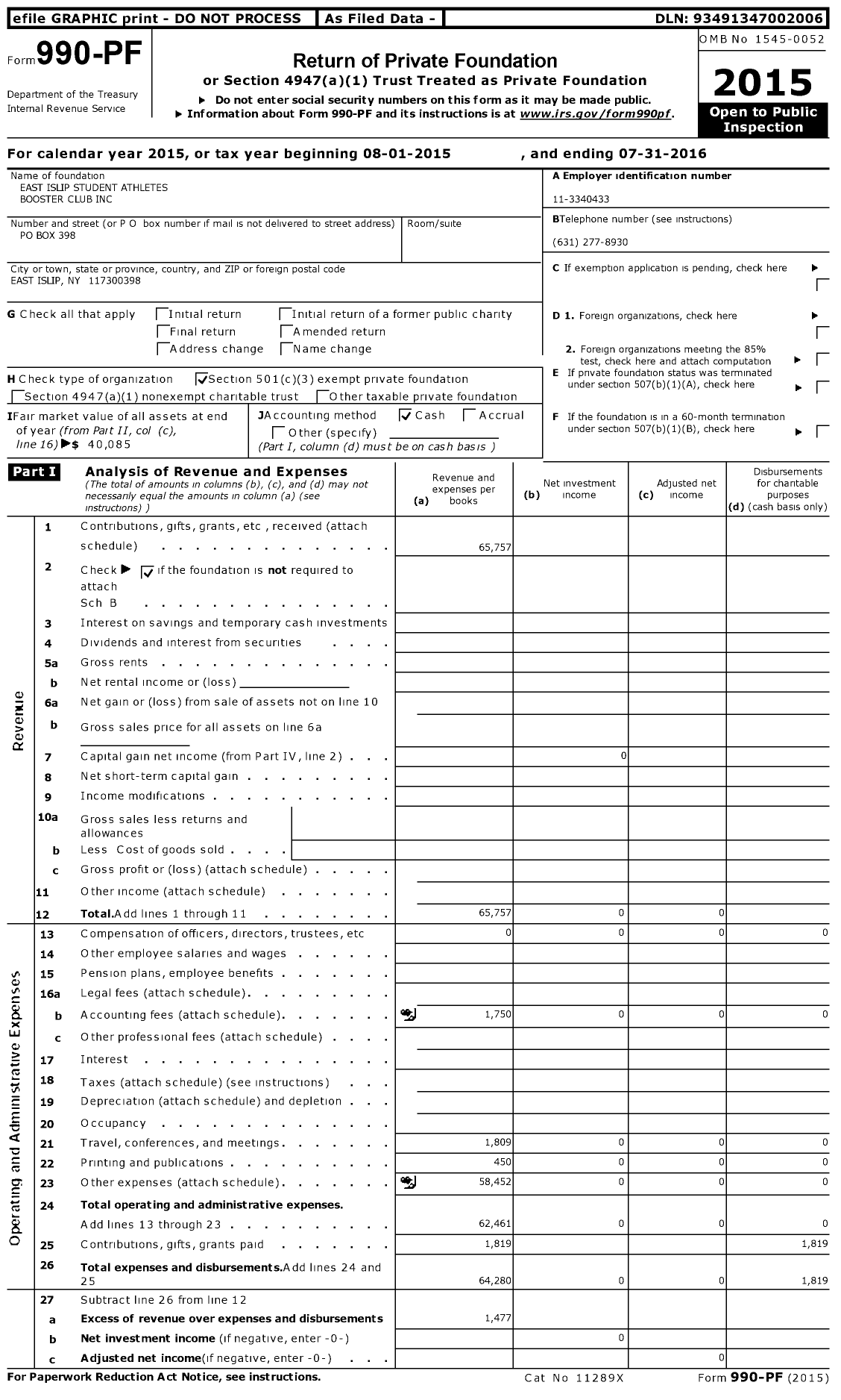 Image of first page of 2015 Form 990PF for East Islip Student Athletes Booster Club